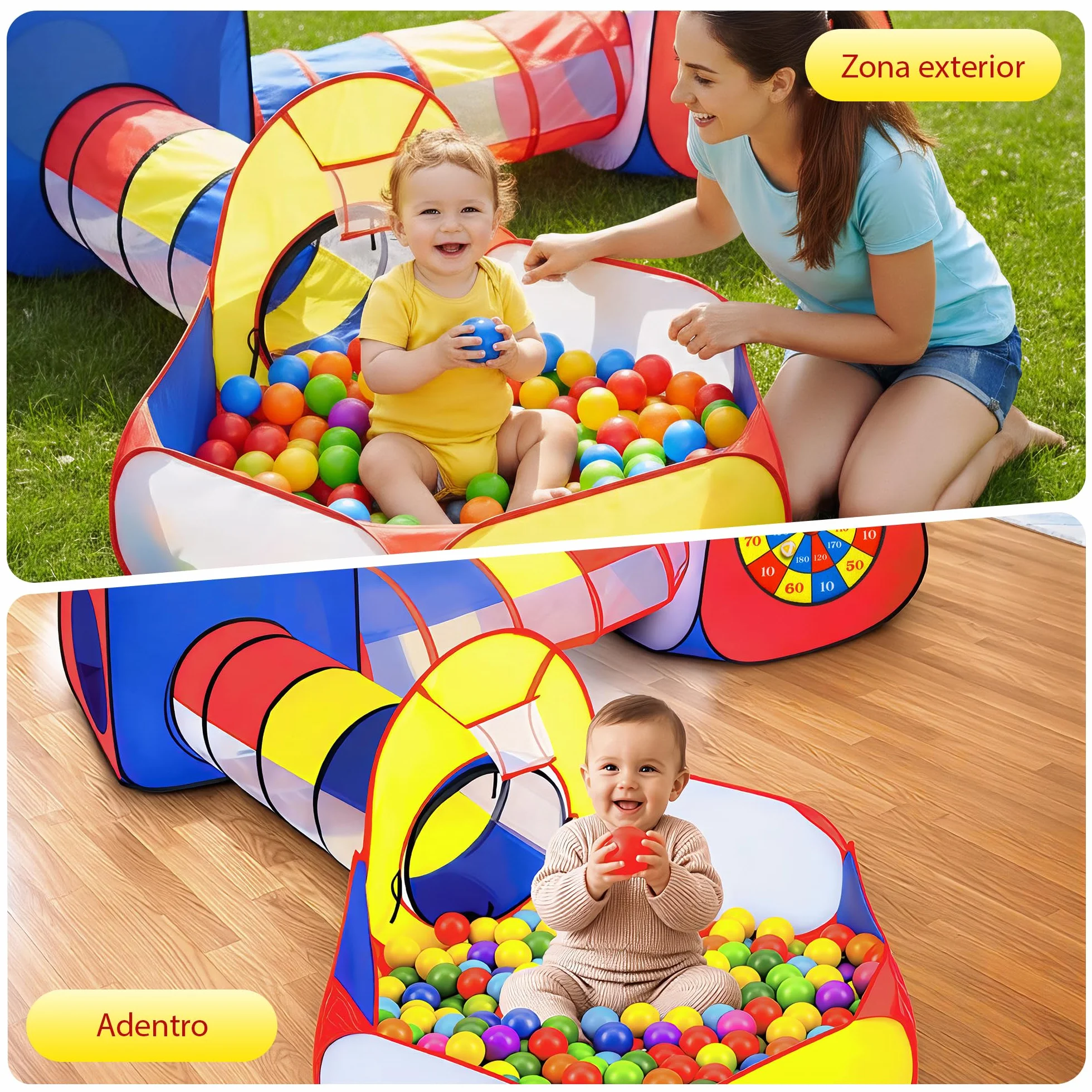 all Kids United® Tienda de campaña con túnel, Piscina de Bolas, túnel para Gatear y más (sin Bolas) XXL playland casa de Juegos Pop-up de 5 Piezas con Bolsa