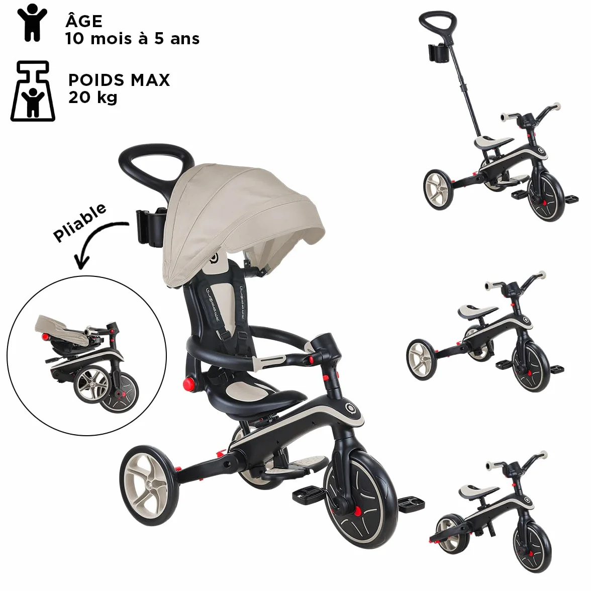 Trottinette enfant Globber Tricycle Explorer 4 en 1 Evolutif et Pliable Taupe