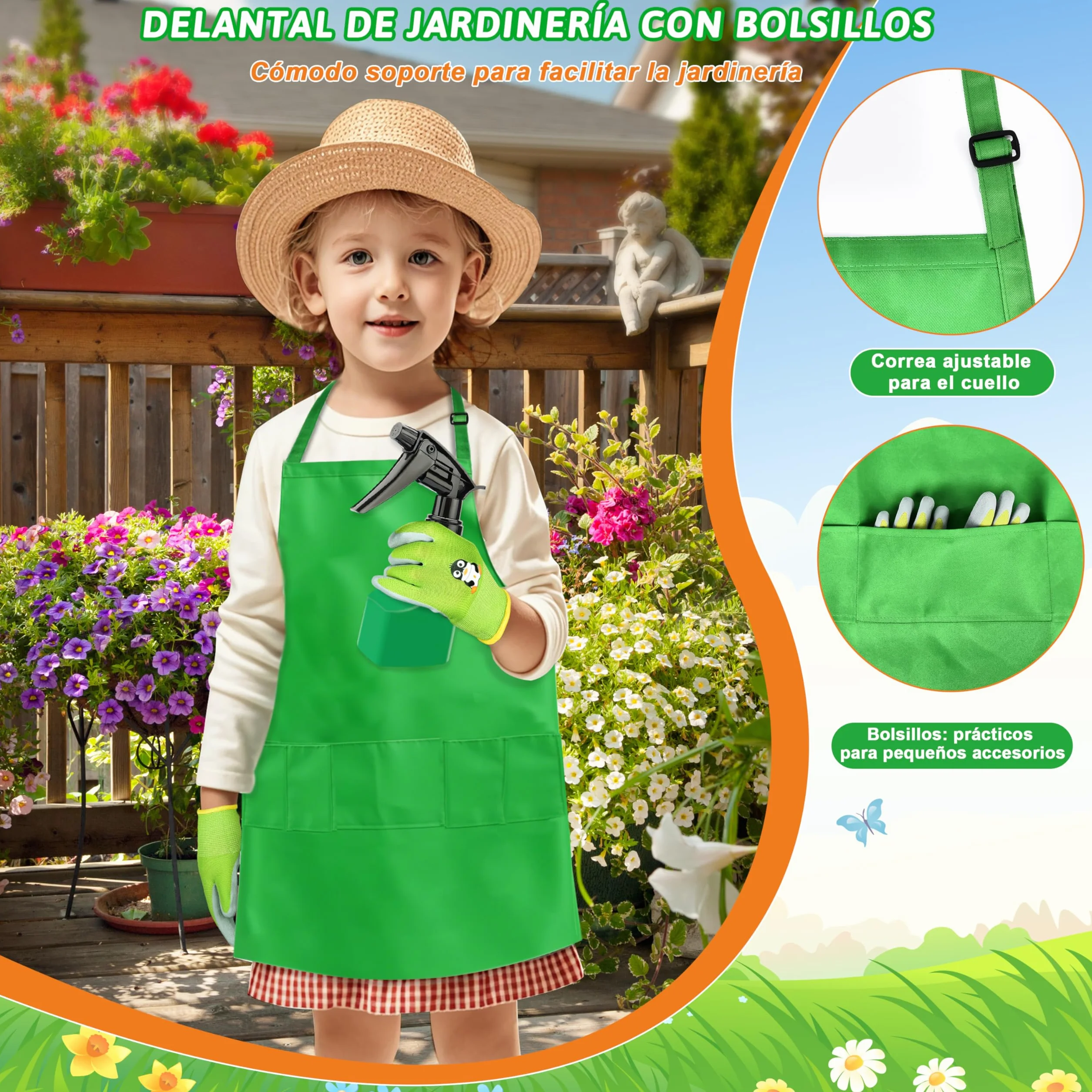 IEEILULU Juego de herramientas de jardín para niños, herramientas de jardín para niños, de madera, 7 piezas, juguete de jardín extraíble con delantal regadera, juguete de jardín al aire libre para