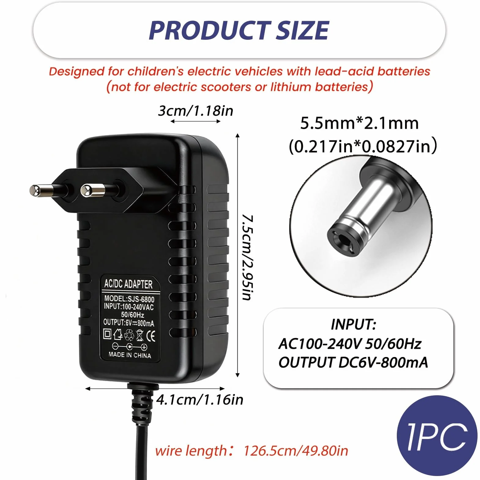 Cargador 6V 800mA para Coche Eléctrico, Adaptador Universal con Indicador LED, Compatible con Moto, Quad 6 Voltios, Conector 5.5mm x 2.1mm (Negro)