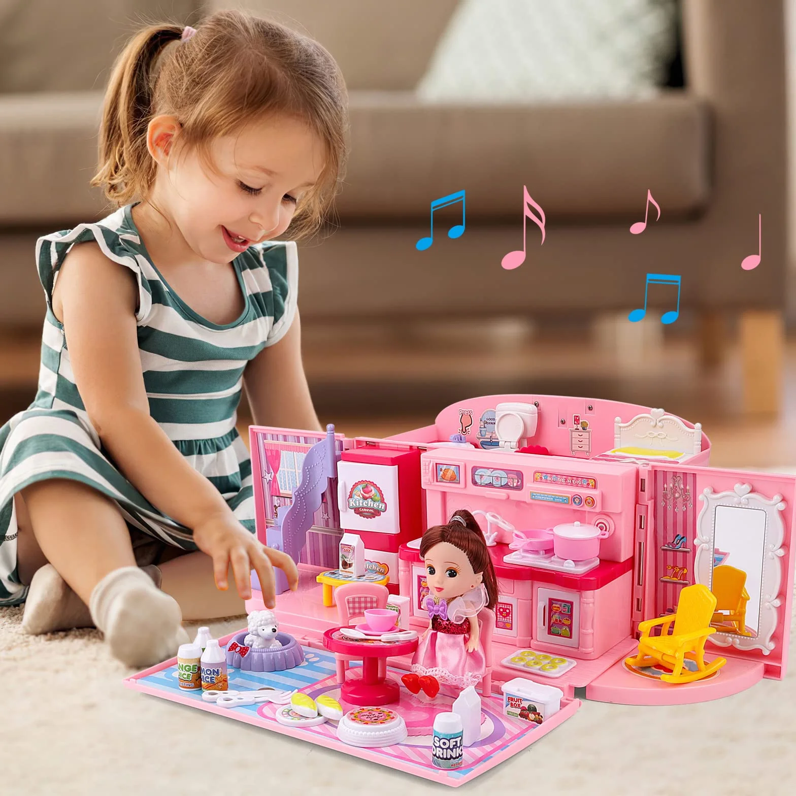 deAO Casa de Muñecas Portátil: Casa de Muñecas con Diseño de Bolso para Niñas a Partir de 3 Años, Juguete Plegable para Viajar con luz y Música, Incluye Muñeca, Perro y Muebles, Regalo (Rosa)