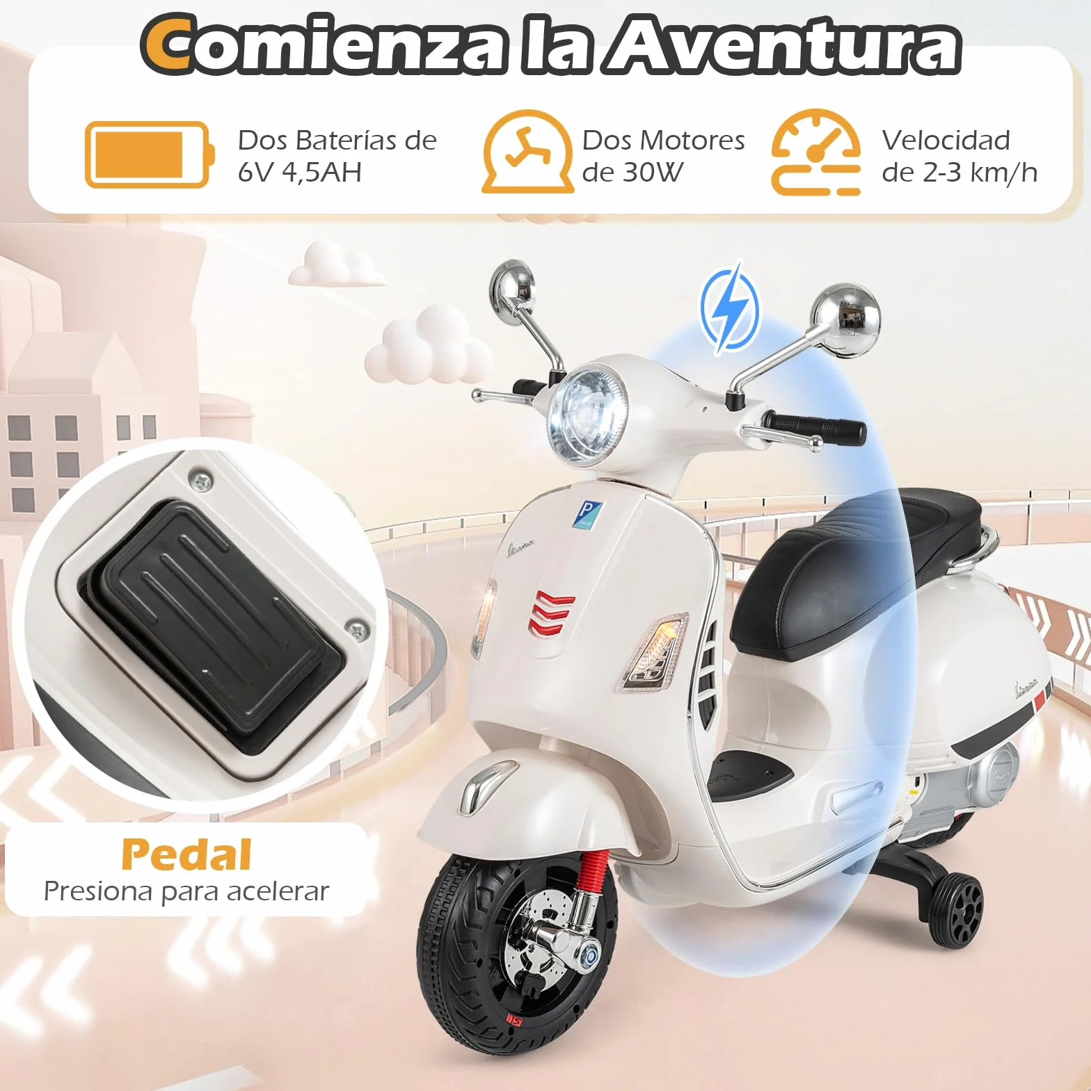 COSTWAY Moto Eléctrica para Niños Vespa 12V, 4 Ruedas, Música, Bocina, Faros, Motocicleta Infantil con Motor Doble, 3-6 Años