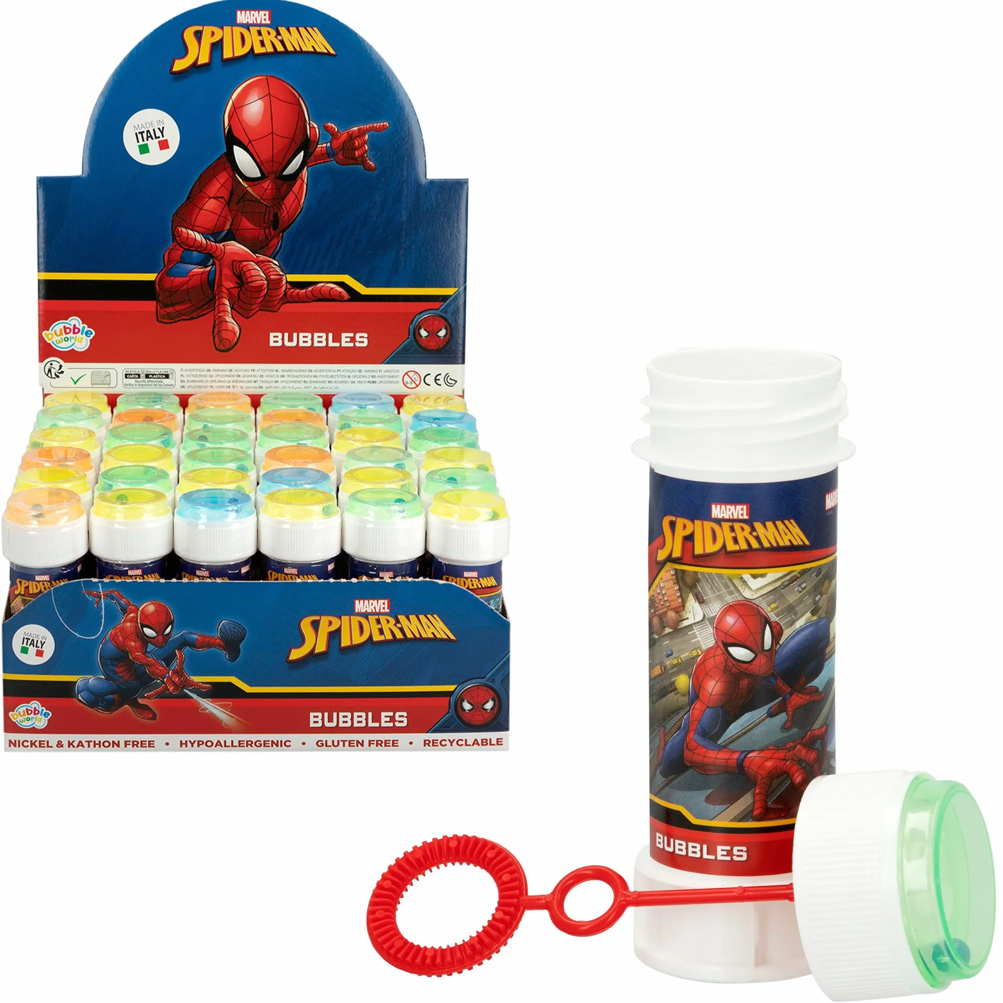 COLORBABY Pack 36 pomperos Spiderman 60 ml, Regalos cumpleaños para niños, decoración Infantil, Juguete Burbujas jabón (22985)