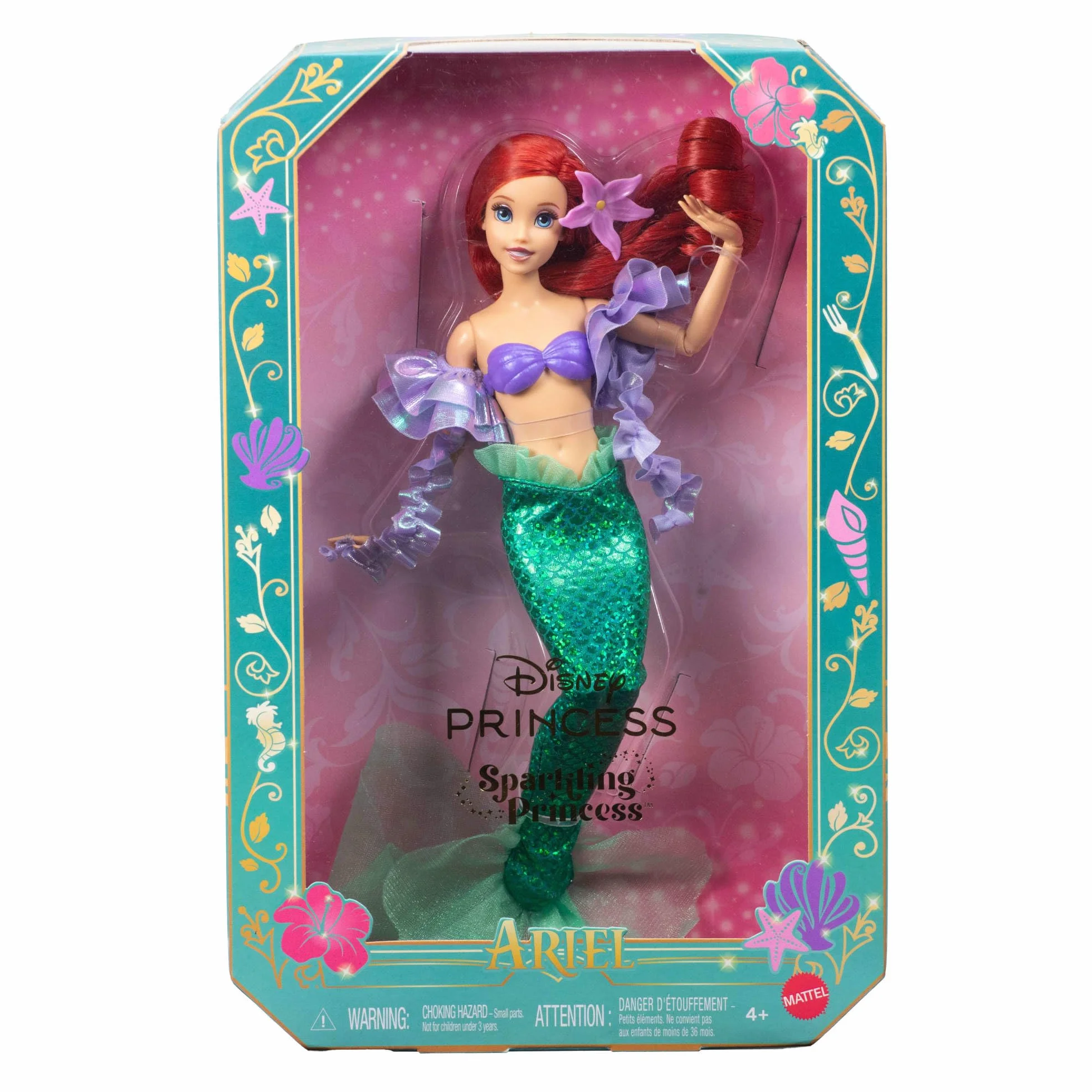 Mattel Disney Princesas Sparkling Princess Ariel Muñeca y Accesorio con Cola extraíble, Mangas y Pasador para el Pelo con Flor, Inspirada en la película, JLK25