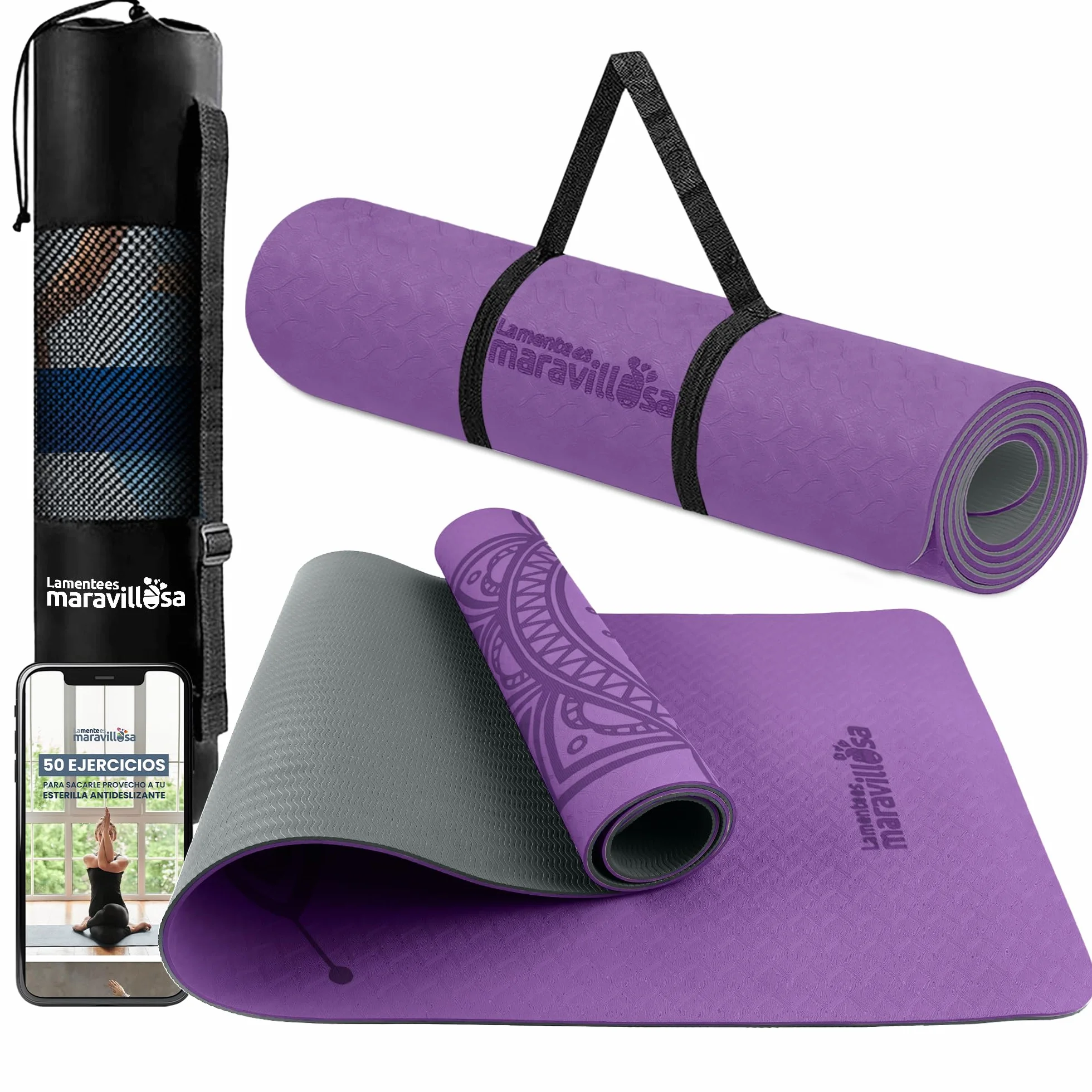 Esterilla de Yoga Pilates Fitness TPE Antideslizante Hipoalergénica 183x61 cm con Bolsa y Correa