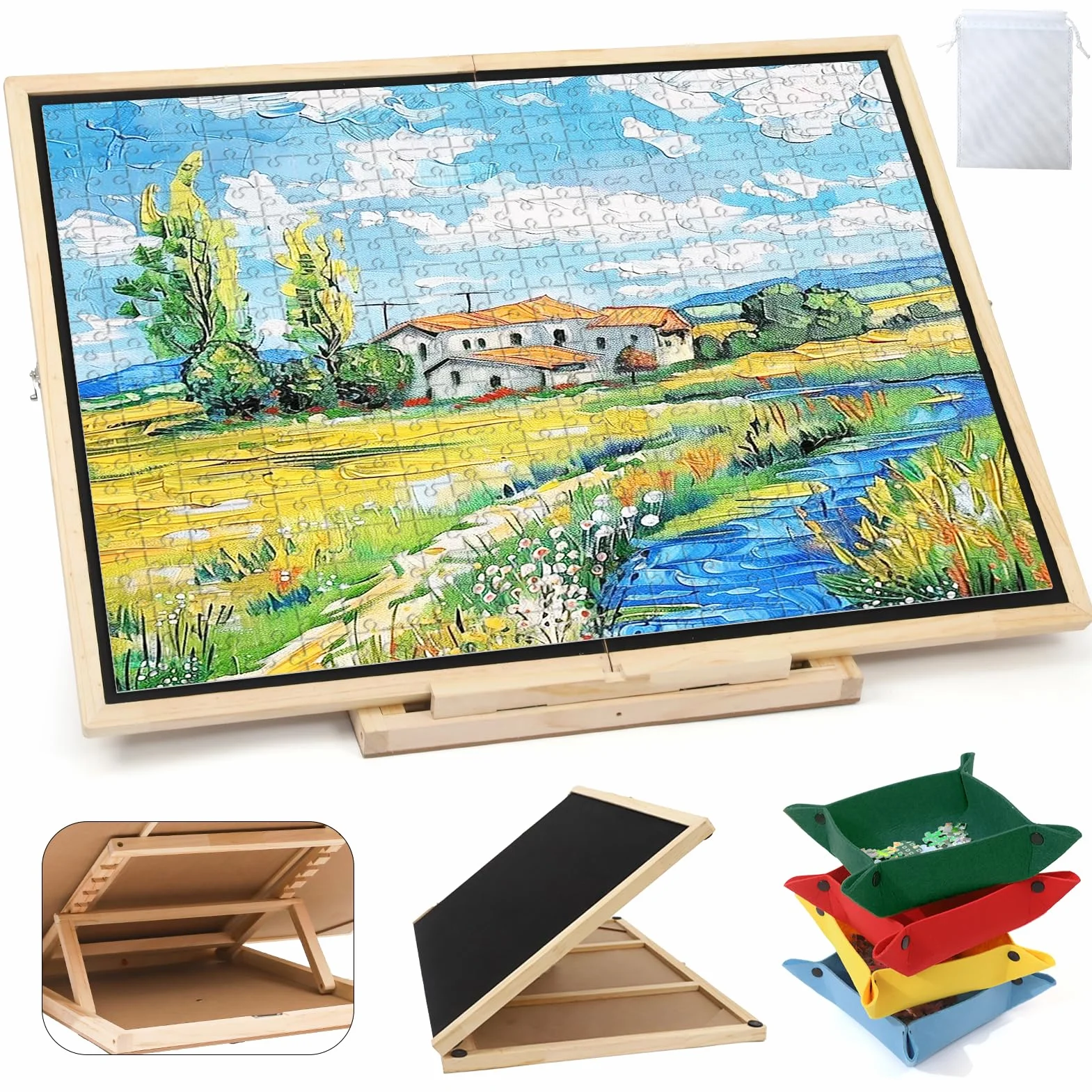 Wdmiya Tablero para Puzzle Plegable de 1500 Piezas, Puzzle Board Giratorio con Soporte y Cubierta 2 en 1, Tablero de Rompecabezas Antideslizante con 4 Cajas, Puzzles Board Portátil para Adultos