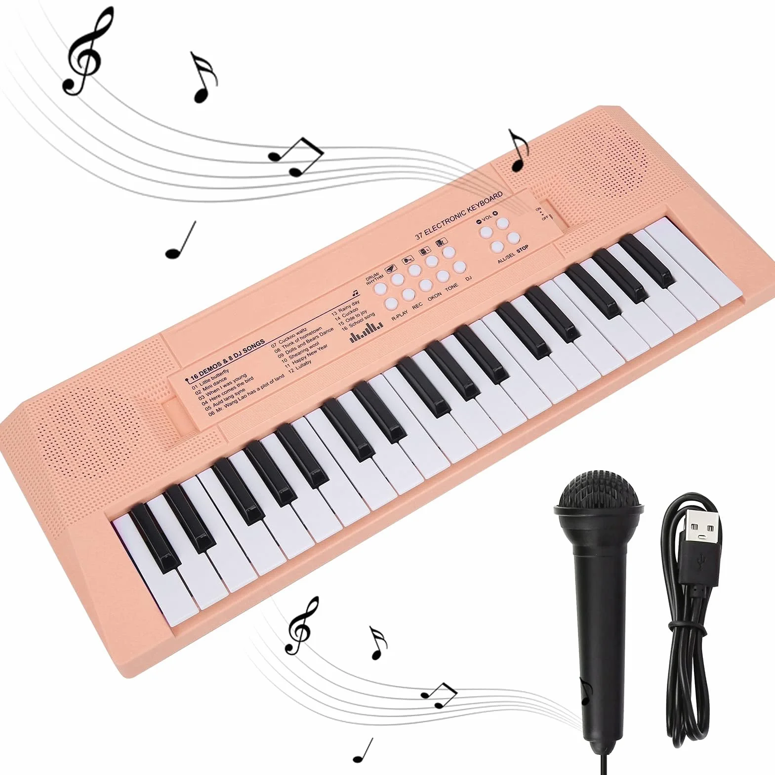 Ejoyous Teclado Piano eléctrico de 37 teclas, teclado musical portátil para principiantes con función de grabación, micrófono incluido, teclas blancas y negras, alimentación de batería USB AA (rosa)
