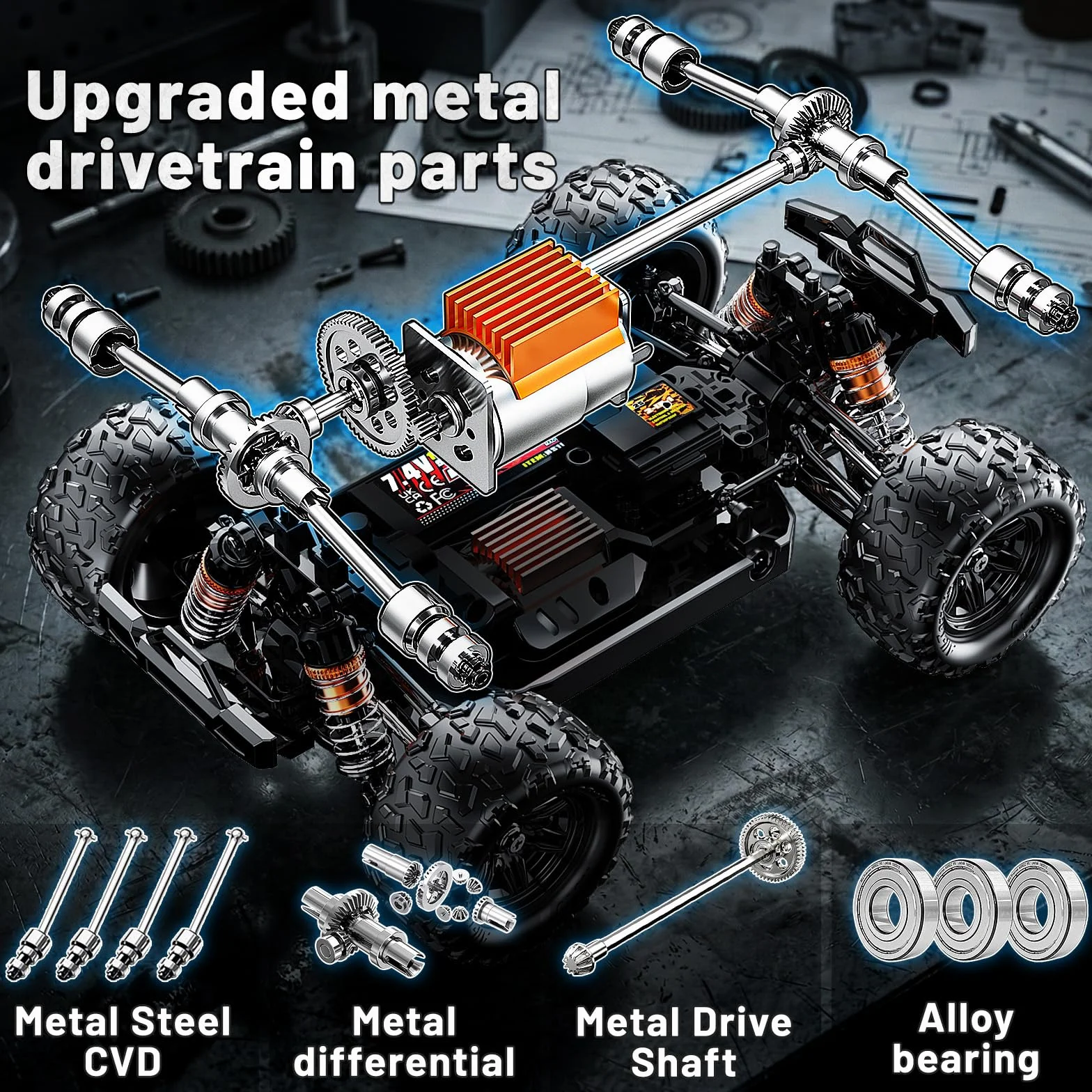 Coche radiocontrol 4x4 Todoterreno 1:18, Coche teledirigido RC 2.4GHz proporcional, 2 baterías 7,4V 1300mAh, transmisión metálica, para Mayores de 8 años y Adultos Principiantes