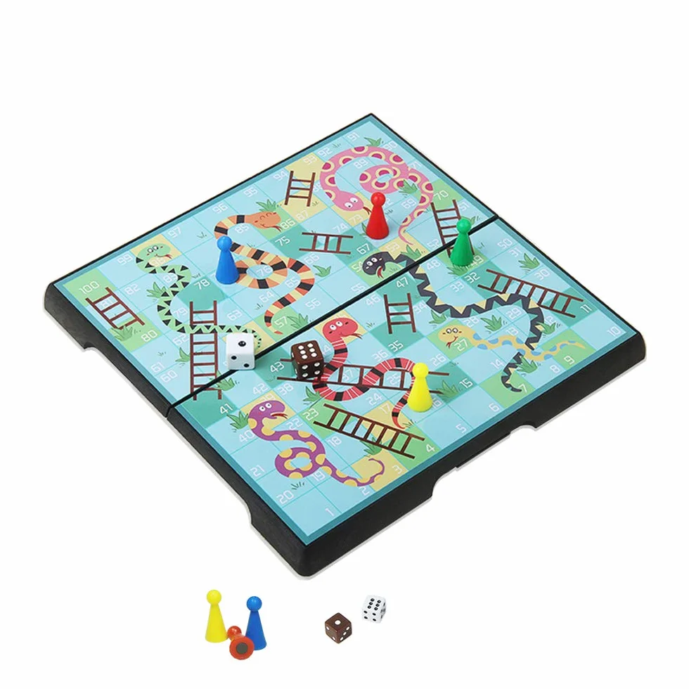 Snakes and Ladders - Juego de mesa de viaje, tablero plegable magnético, juguetes tradicionales familiares divertidos para niños y adultos