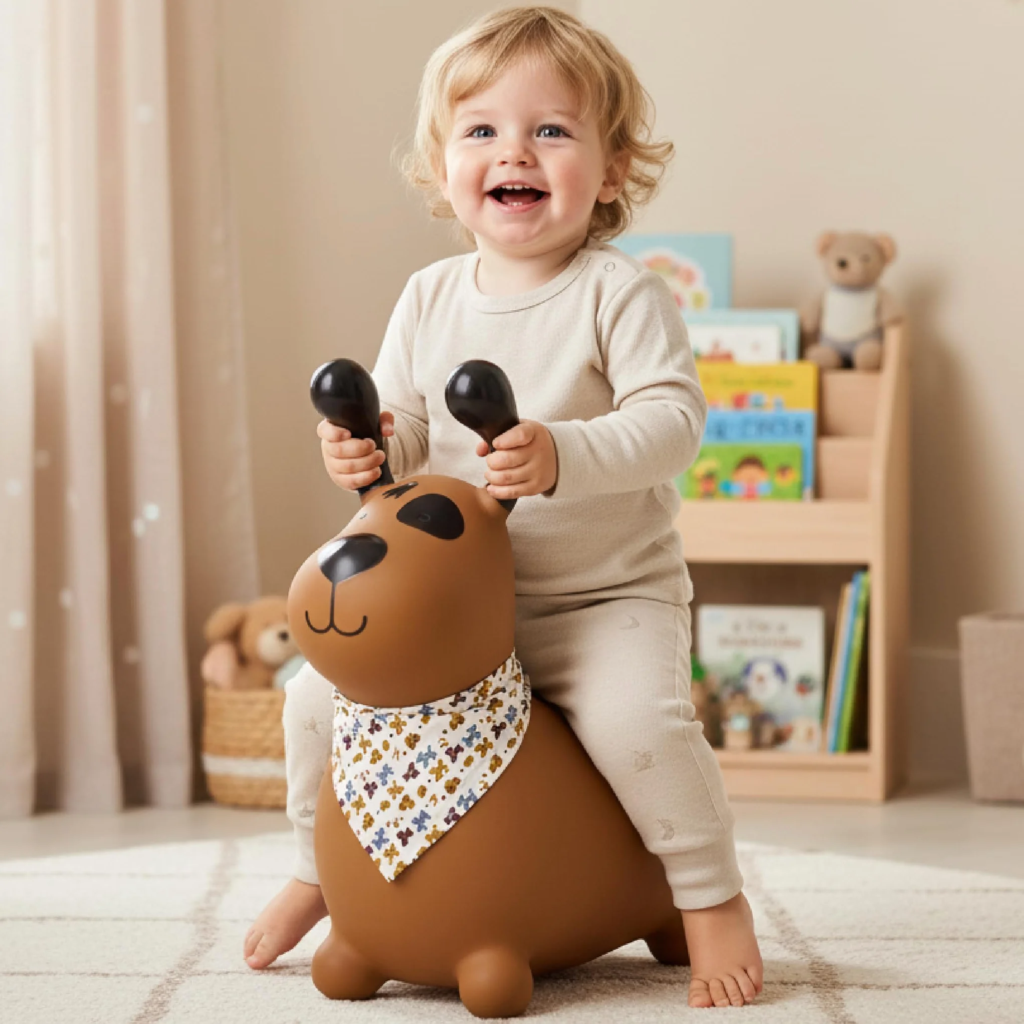 sun baby Saltador Hinchable para Niños hasta 45 Kg sin BPA, de 1 año, Pelotas saltarinas para niños (Perro marrón con Bandana)