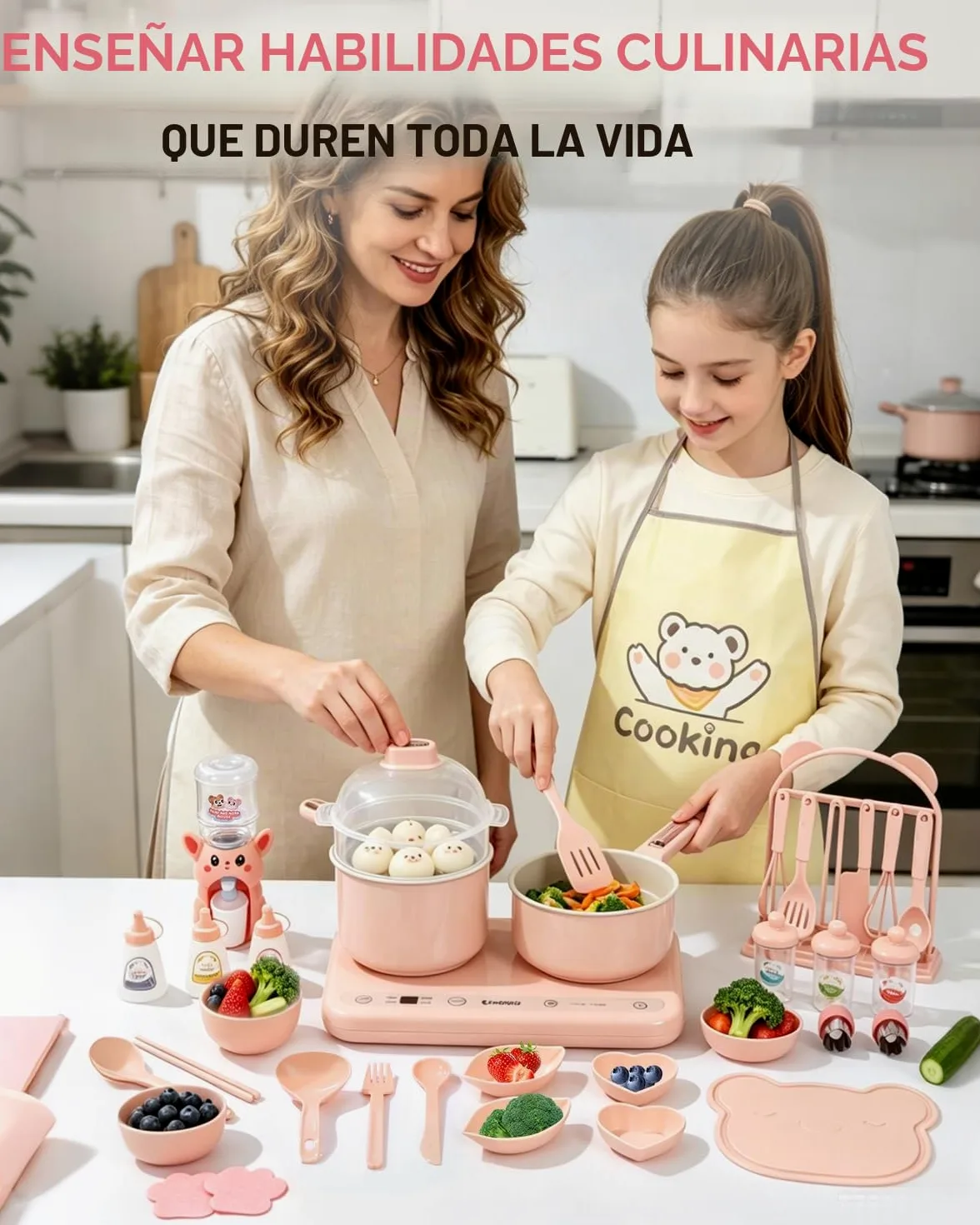 BICRET Juego de Cocina Eléctrica para Niños con Doble Fuego, Accesorios Completos, Incluye Utensilios de Cocina y Cuchillo de Chef Seguro, para Niños de 8 a 12 Años (Rosa)