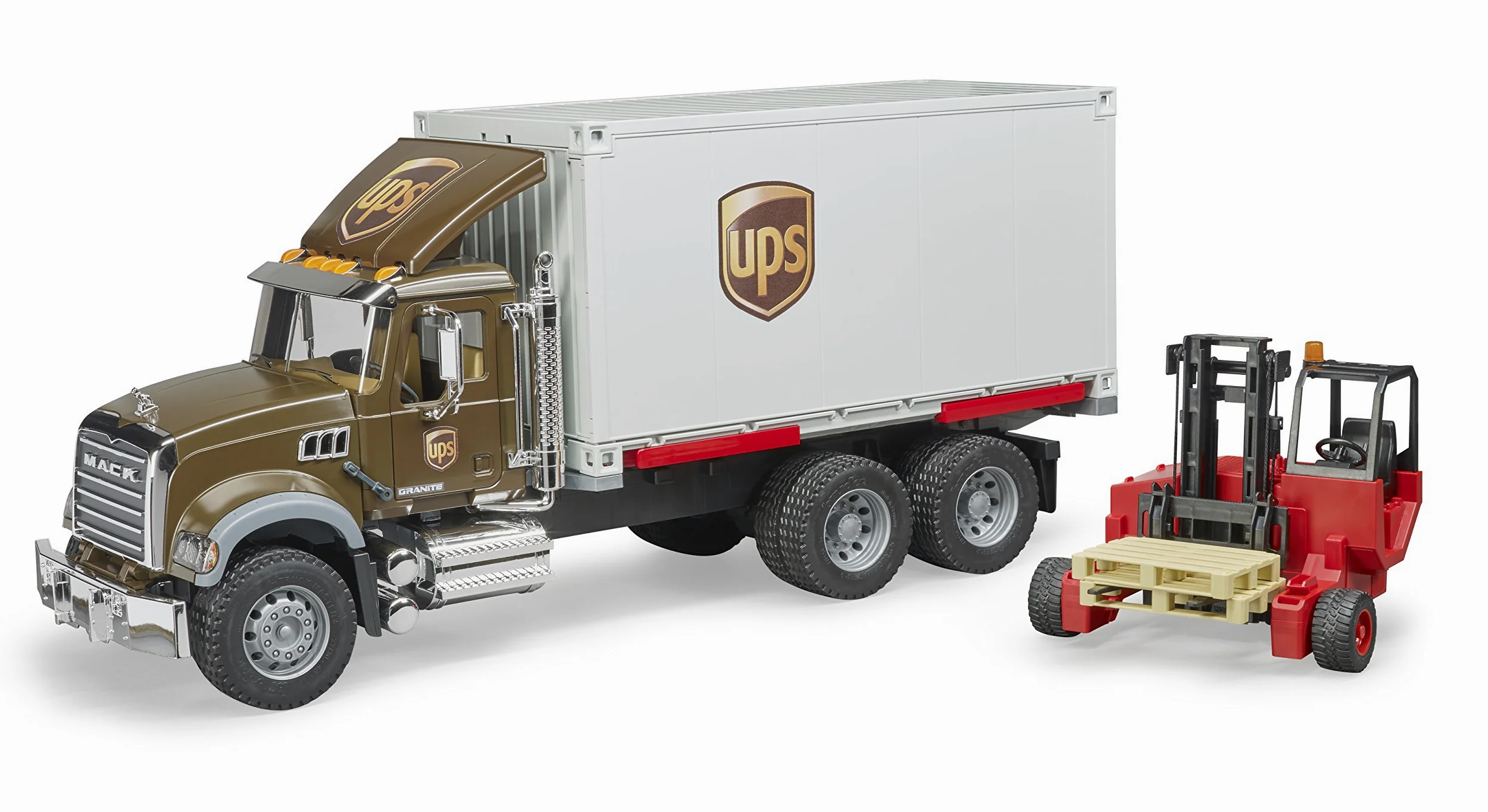 bruder 02828 - Mack Granito UPS Logística Camión Incluido Carretilla Elevadora | Vehículo de logística con carretilla elevadora, servicio de paquetería, envíos, juguete a partir de 4 años, 1:16