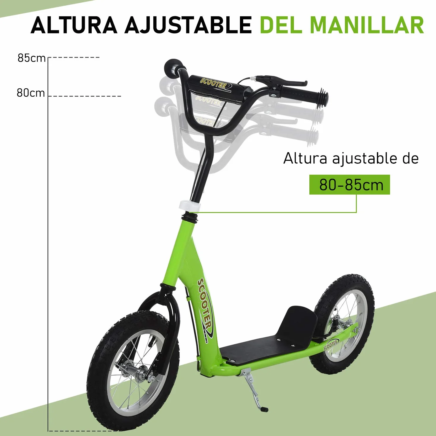 HOMCOM Patinete para Niños Mayores de 5 Años Scooter 2 Neumáticos Inflables de Caucho con Frenos Manillar Ajustable Pedal Antideslizante 117x52x80-85 cm Verde