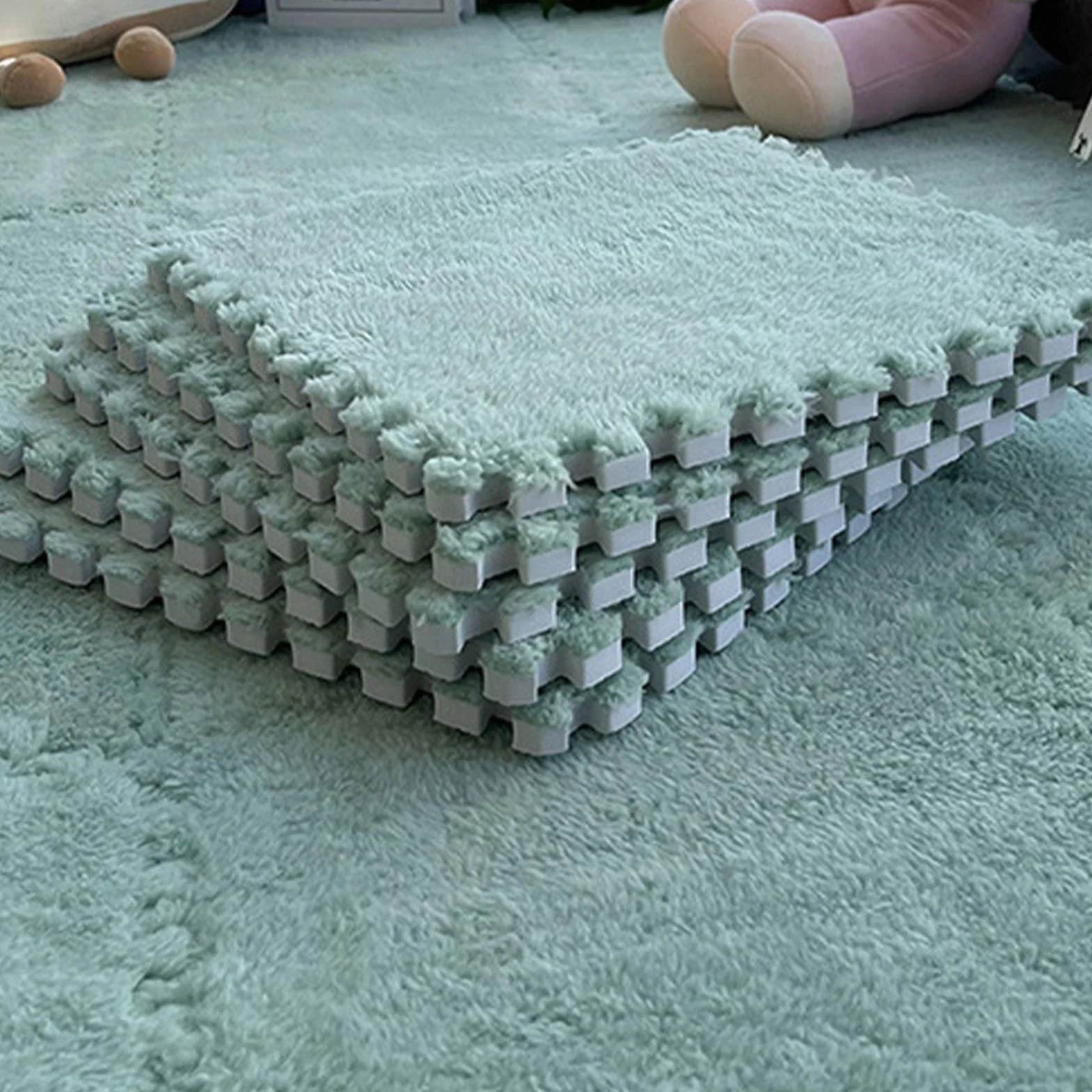 10 Uds. Alfombra de Espuma de Rompecabezas de Felpa de 30x30cm/11,8x11,8 Pulgadas, Alfombra Antideslizante para el Suelo de la Habitación (Menta verde)