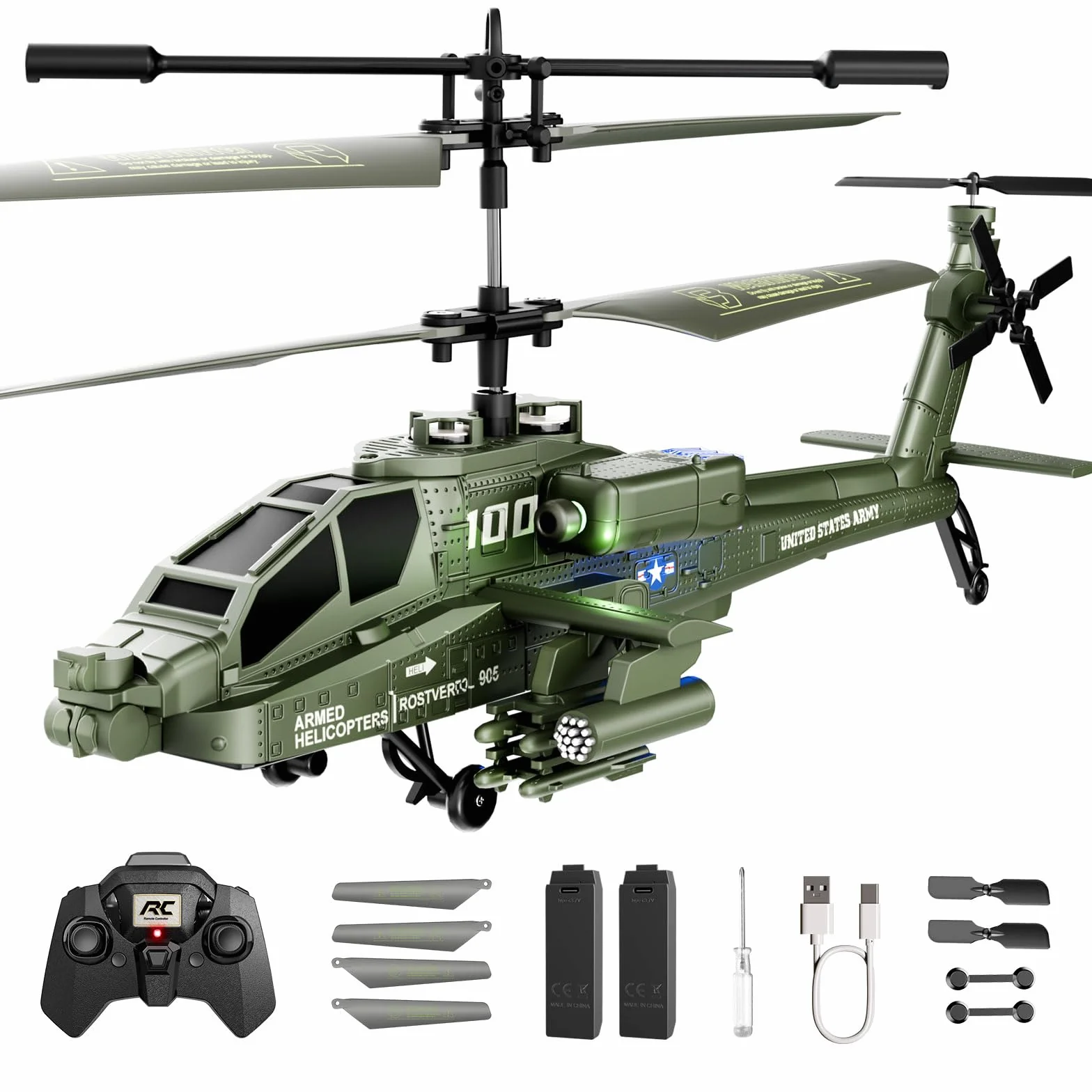 XIKOTEC Helicóptero Teledirigidos, RC Helicóptero, con Mantenimiento de Altitud, Giroscopio & Luz LED, 2 Baterías & Carga USB-C, Regalo para Niños de 8-12 Años (Verde)