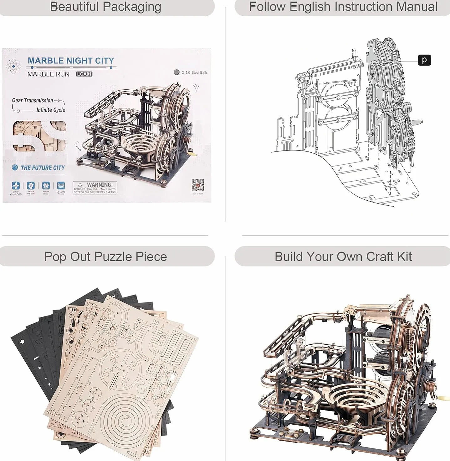 ROBOTIME Marble Run 3D Maquetas Madera Modelo De Kits para Adultos para Laser Cut Puzzle Construir Montar Construcción Artesanía Jigsaw Cumpleaños o Día de los Reyes Magos Ciudad Noche