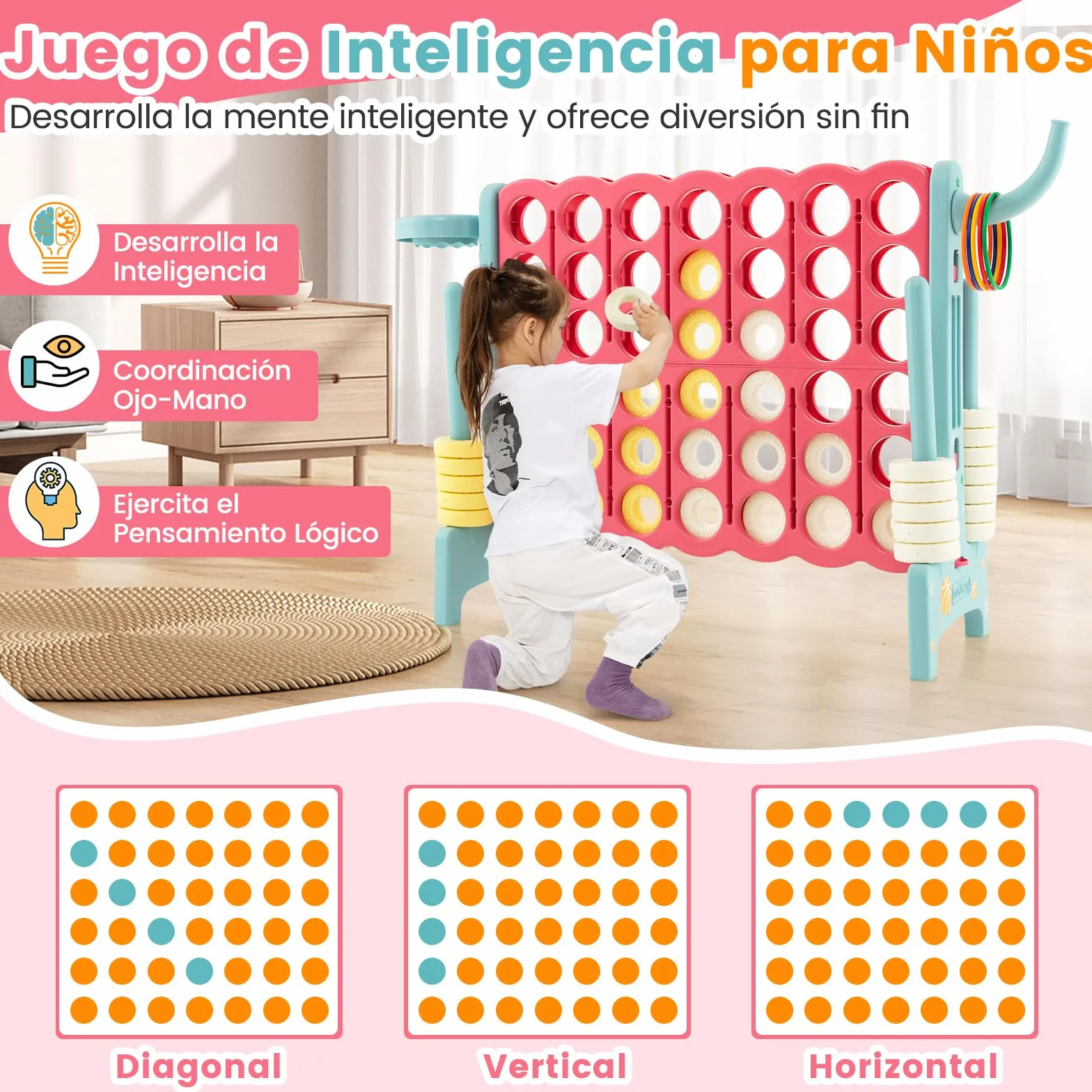COSTWAY Conecta 4 Gigante, Mega 4 para Niños y Adultos, Juego de Exterior 74 cm con Canasta y Juego de Lanzamiento de Anillos, 42 Piezas Gigantes con Pegitinas y Boloncesto (Rojo y Azul)
