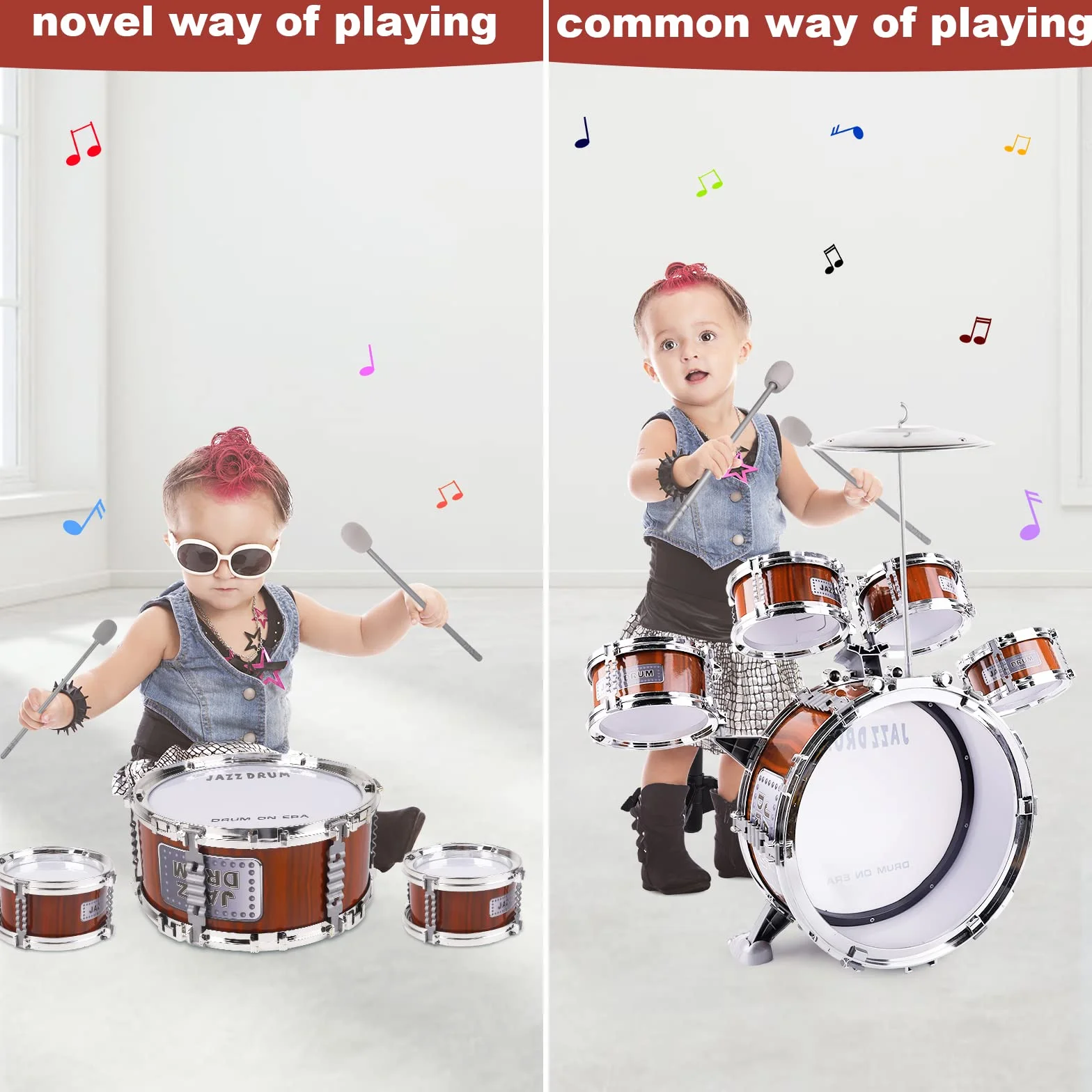 m zimoon Batería de música para niños Kit, Juego Tambor Jazz Junior 5 Tambores con Taburete para Instrumento Musical de Percusión Día ​Festivo Regalo uguete Educativo por Niños Y Niñas Principiantes