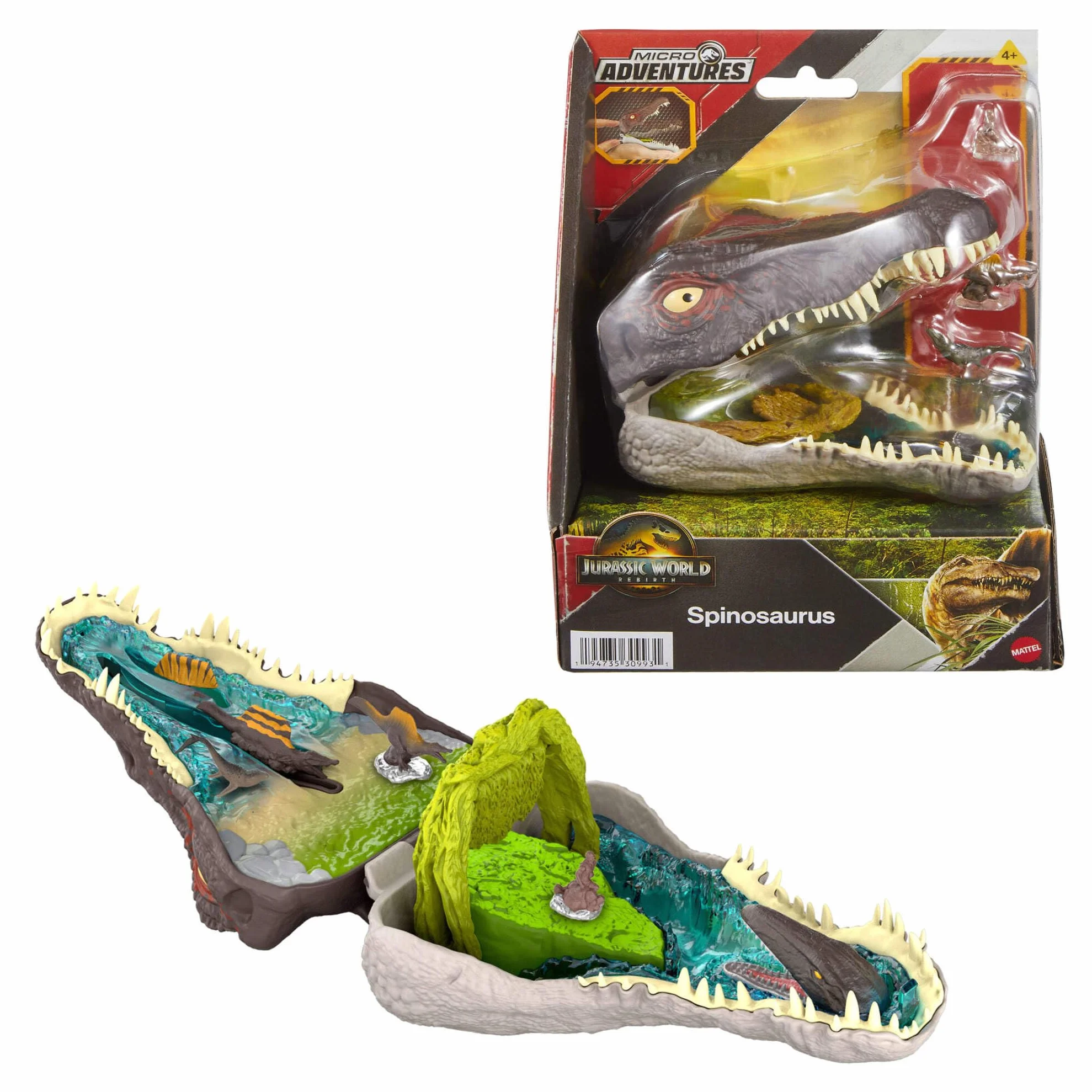 Mattel Jurassic World: El Renacer, Conjunto de juego Mini, la cabeza del Spinosaurio se abre, 4 funciones interactivas, 3 Micro figuras, Dinosaurio de juguete, JGB98