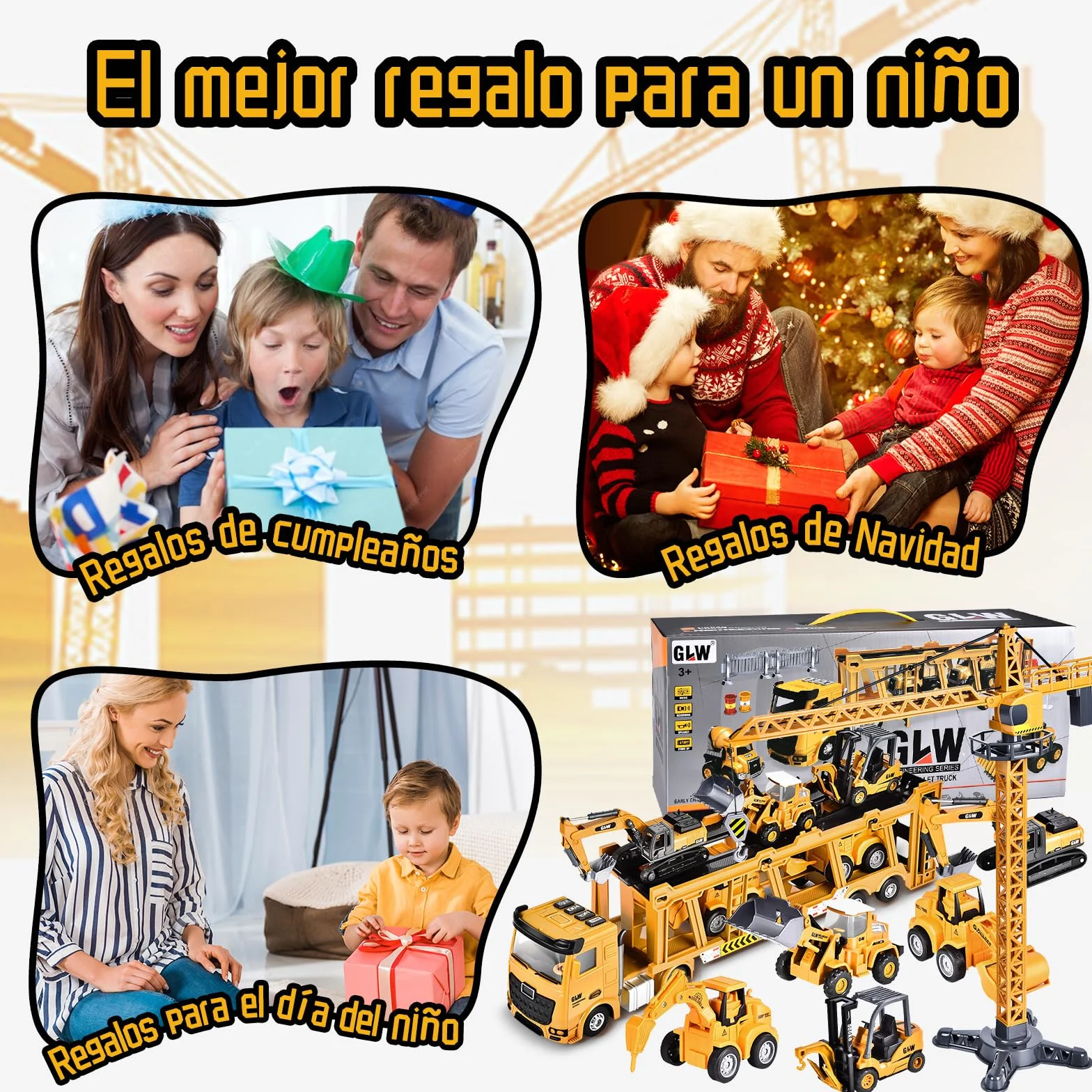 Herefun Vehículos Construcción Grandes, Camión y Grúa Con Sonido, Juguete Transportador Para Niños 3,4+