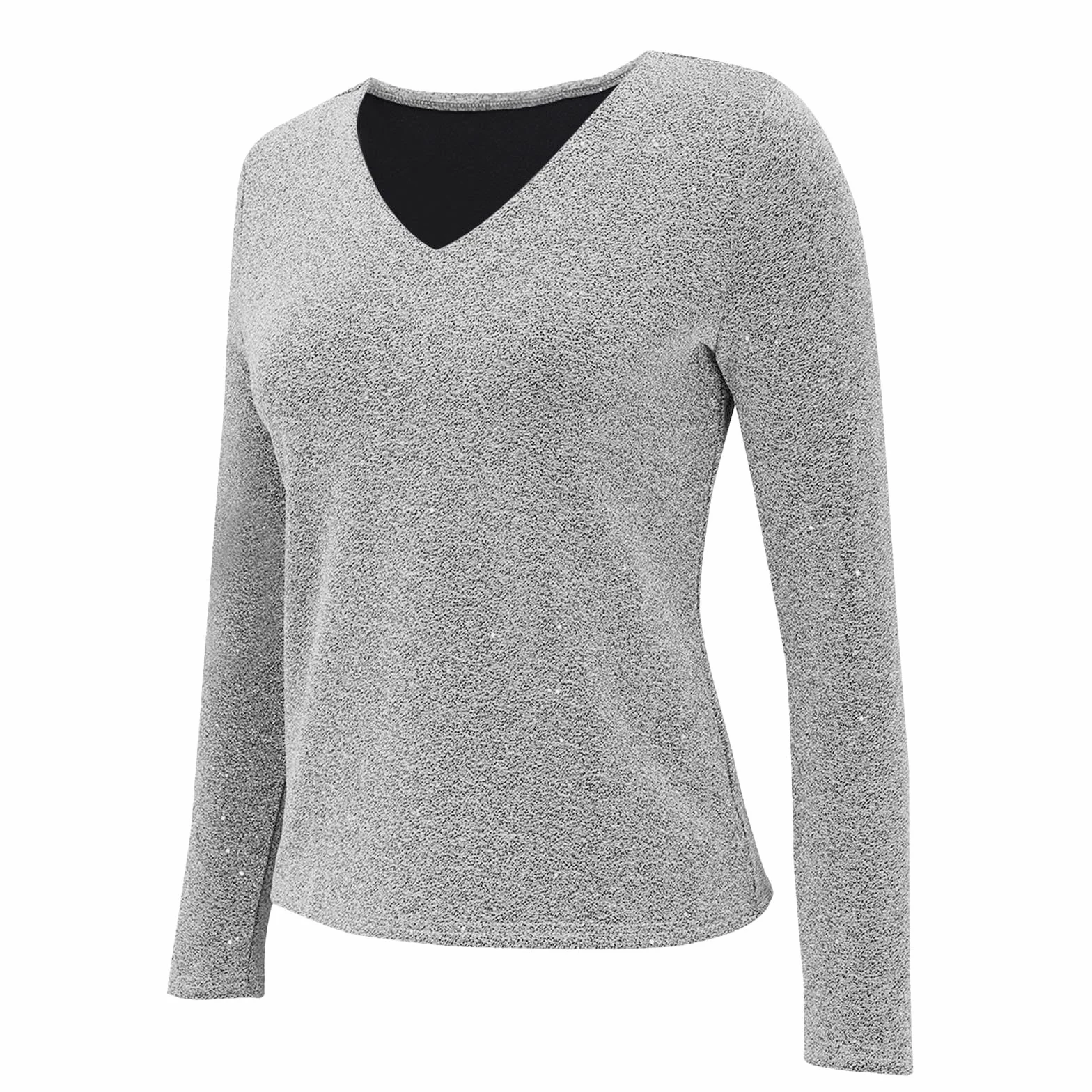 Jersey de lentejuelas para mujer elegante camiseta de fiesta manga larga cuello en V