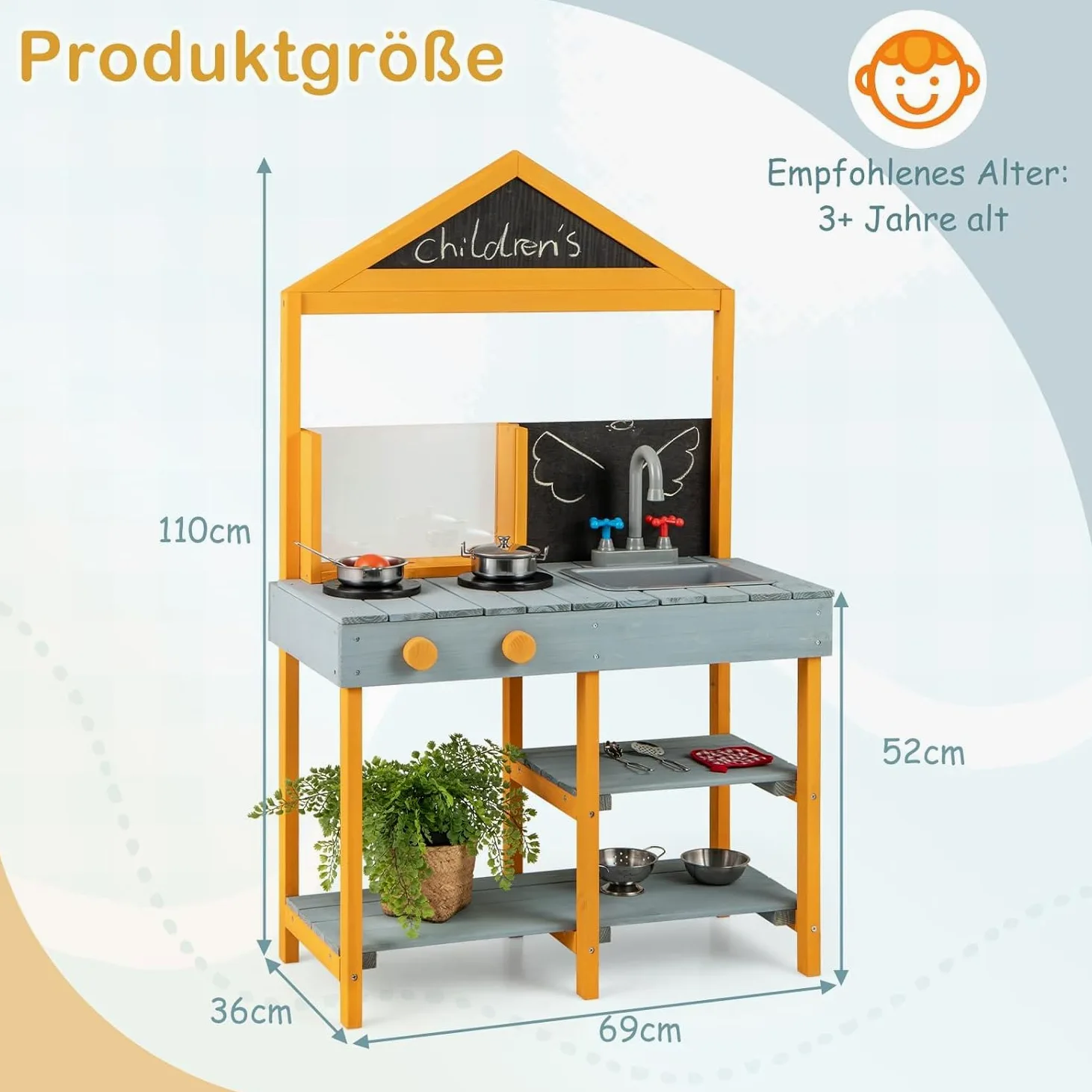 FANTASK Cocina de Barro para niños al Aire Libre, Cocina Infantil de Abeto con macetero, 2 pizarras de Tiza, Grifo y Lavabo (Azul)