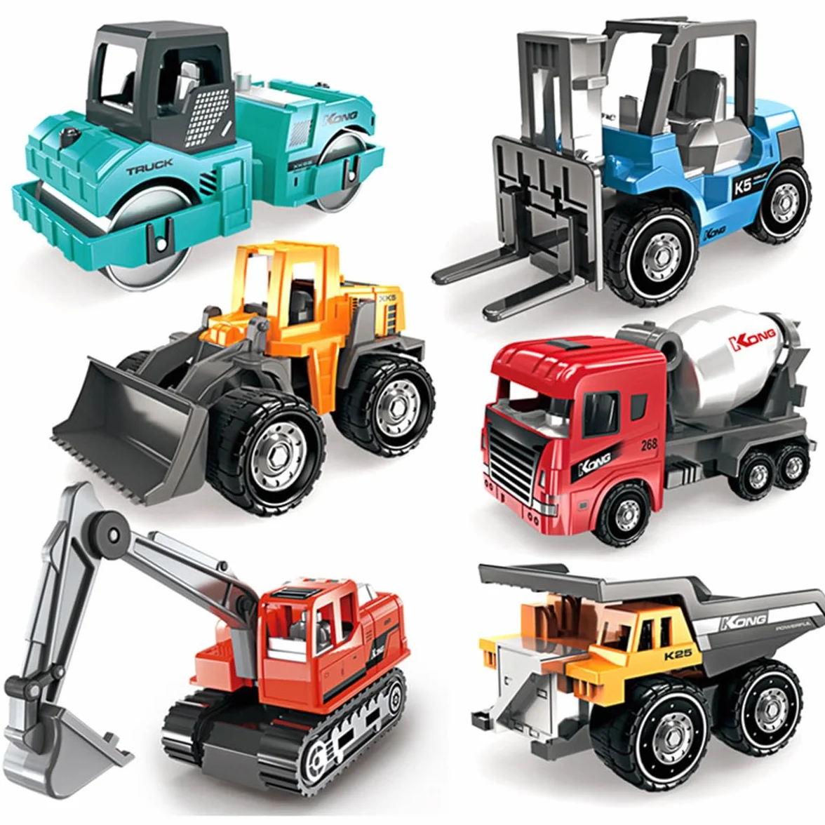 Camiones de Construcción Juguetes, 6PCS Camiones Juguetes, Mini Coches Vehículos de Construcción, Set de Vehículos Push and Go con Grúa, Excavadora, Educación Regalos
