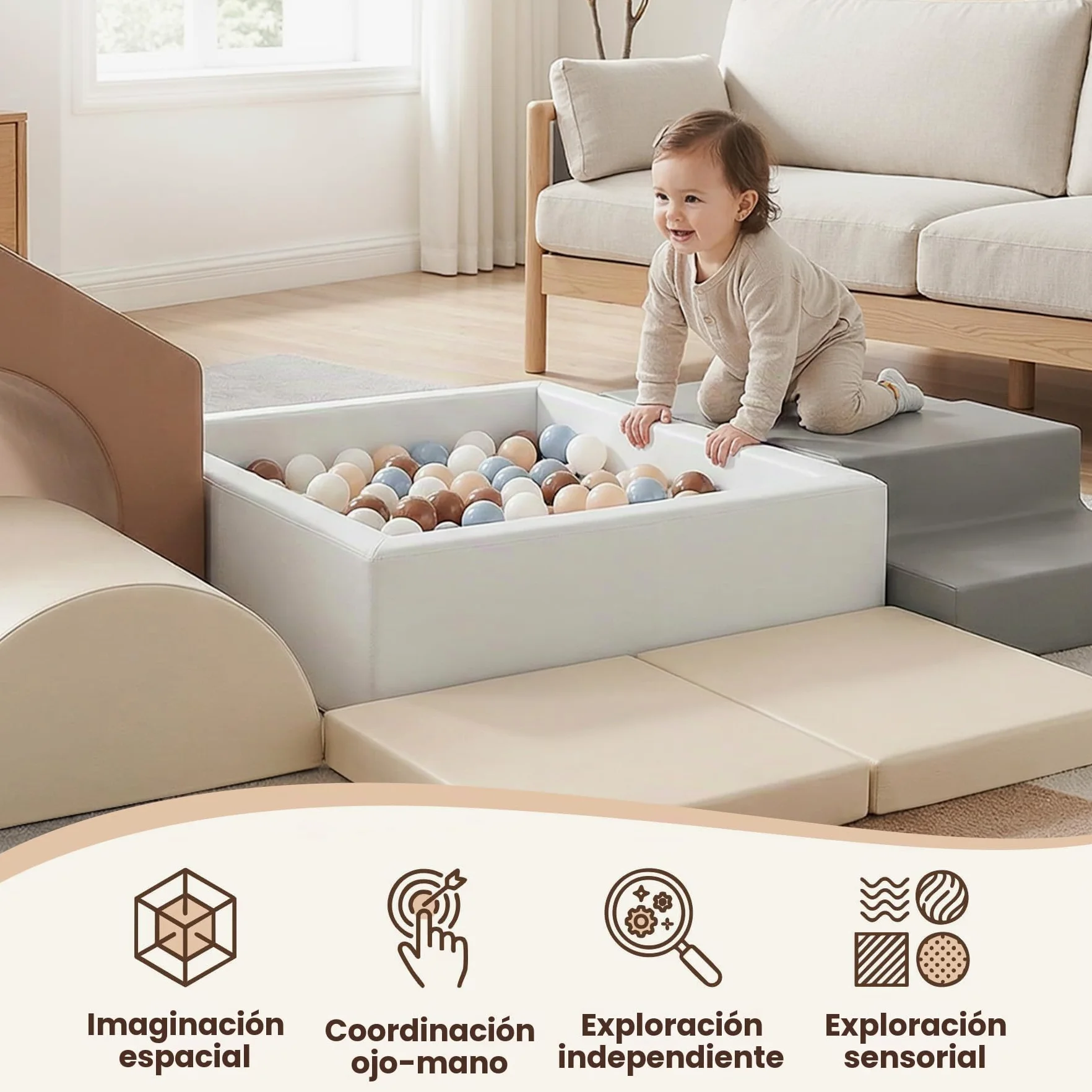 Juego de 7 Bloques de Espuma para Niños: Cuero sintético Bloques Psicomotricidad Infantil con Piscina de Pelotas(Sin Pelotas)- Set de Escalada Suave Ligero para Interior Infantil para Escalar y Niños