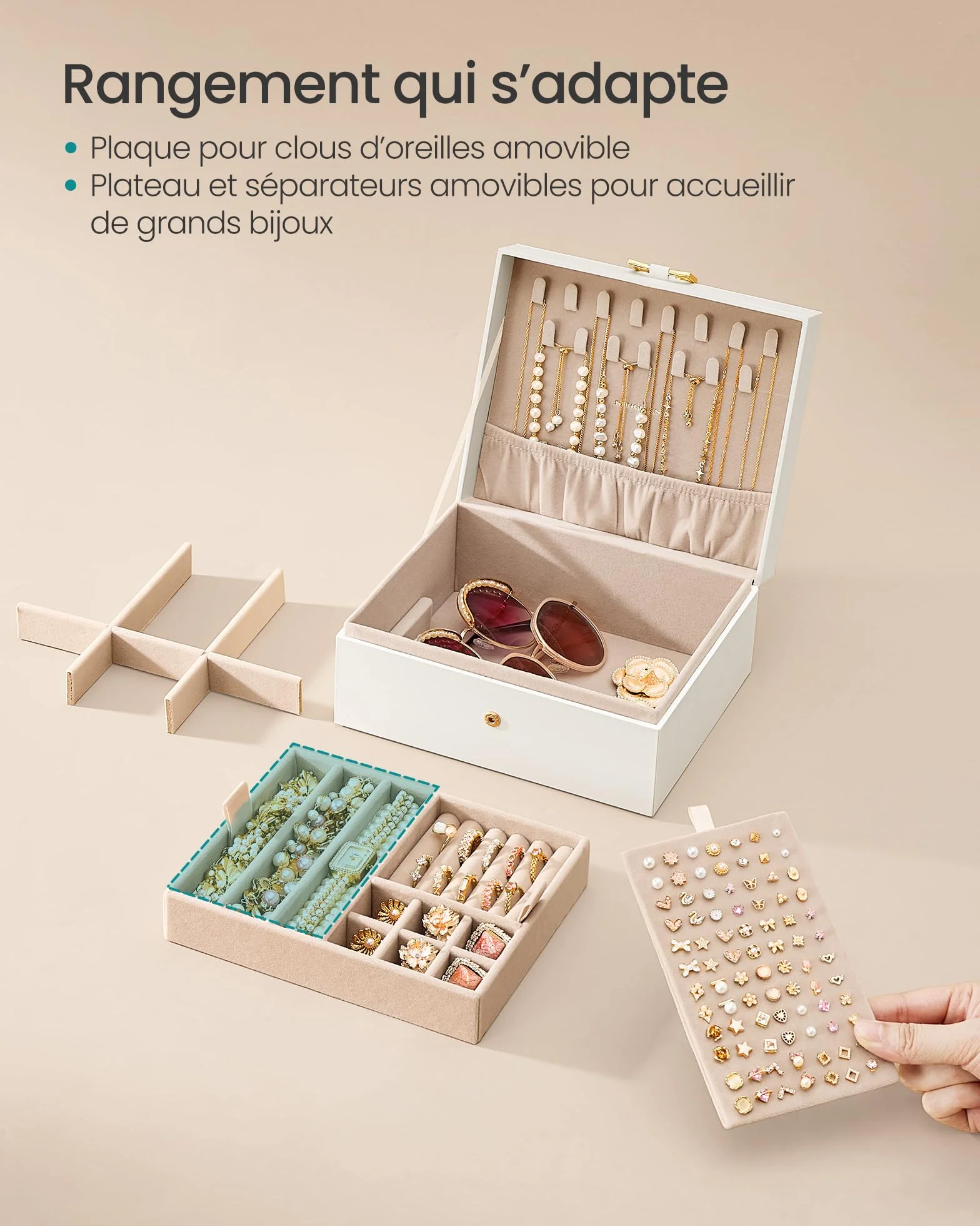 SONGMICS Caja Joyero, Organizador de Joyas de 2 Niveles con Bandeja Extraíble y Asa, para Collares, Pendientes y Anillos, 17 x 20,5 x 9,5 cm, Ideal para Regalo, Blanco Crema JBC208WD01