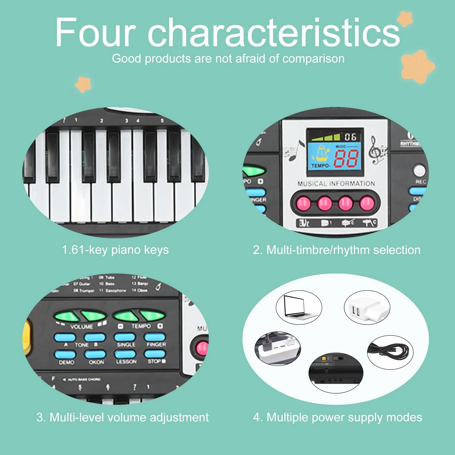 Teclado Electrónico 61 Teclas Portátil Multifuncional con Micrófono para Principiantes Compatible con Dispositivos Móviles Ideal para Aprendizaje Musical y Entretenimiento en Casa o Estudio