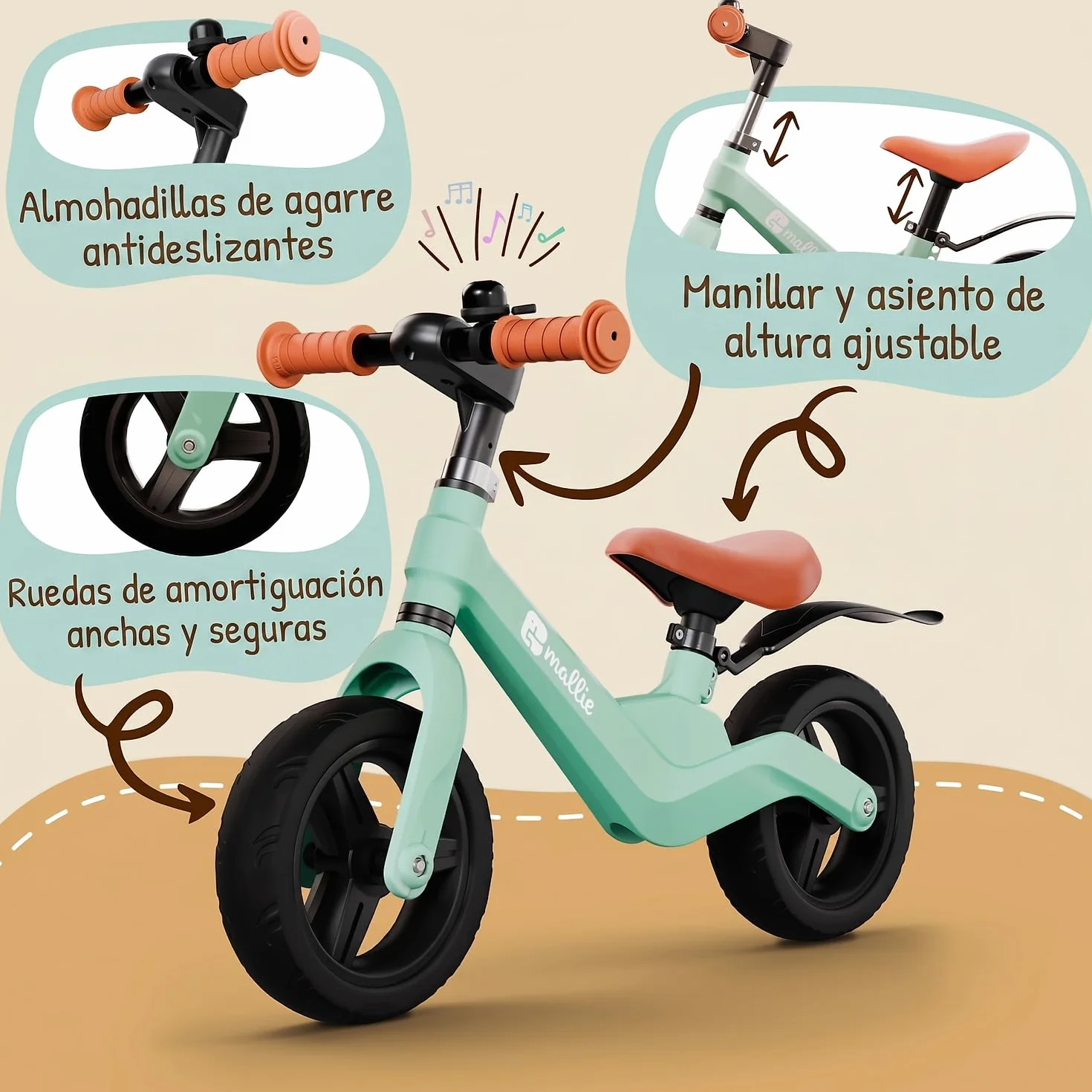 Mallie® Bicicleta Niño 2 Años con Timbre - Bici Bebe, Bicicleta Niño 4 Años, 3 Años, Bicicleta Bebe, Bici Sin Pedales - Manillar y Asiento Ajustable