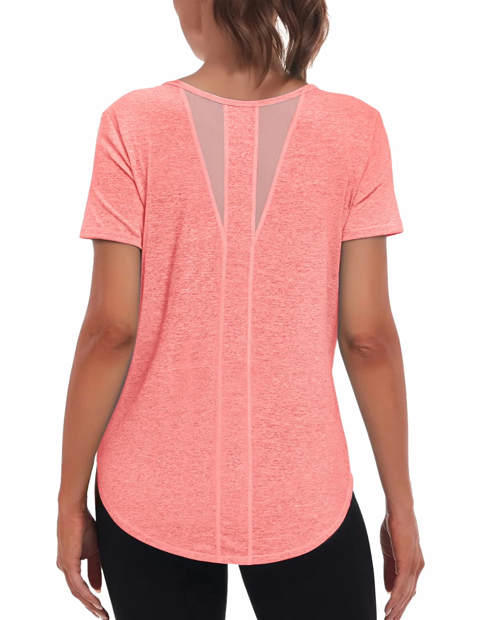 Camiseta Deportiva Mujer Manga Corta Cuello Redondo Secado Rápido Top Malla Transpirable Yoga
