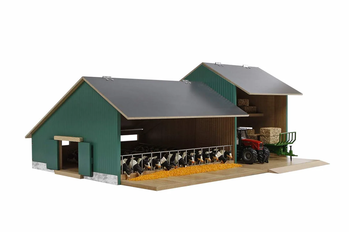 Kids Globe 610200 Wooden Cow Hutch with Warehouse, Hinged Roof, Farm with Scale 1:32, Wooden Farm, Wooden Hutch, Farm Toy