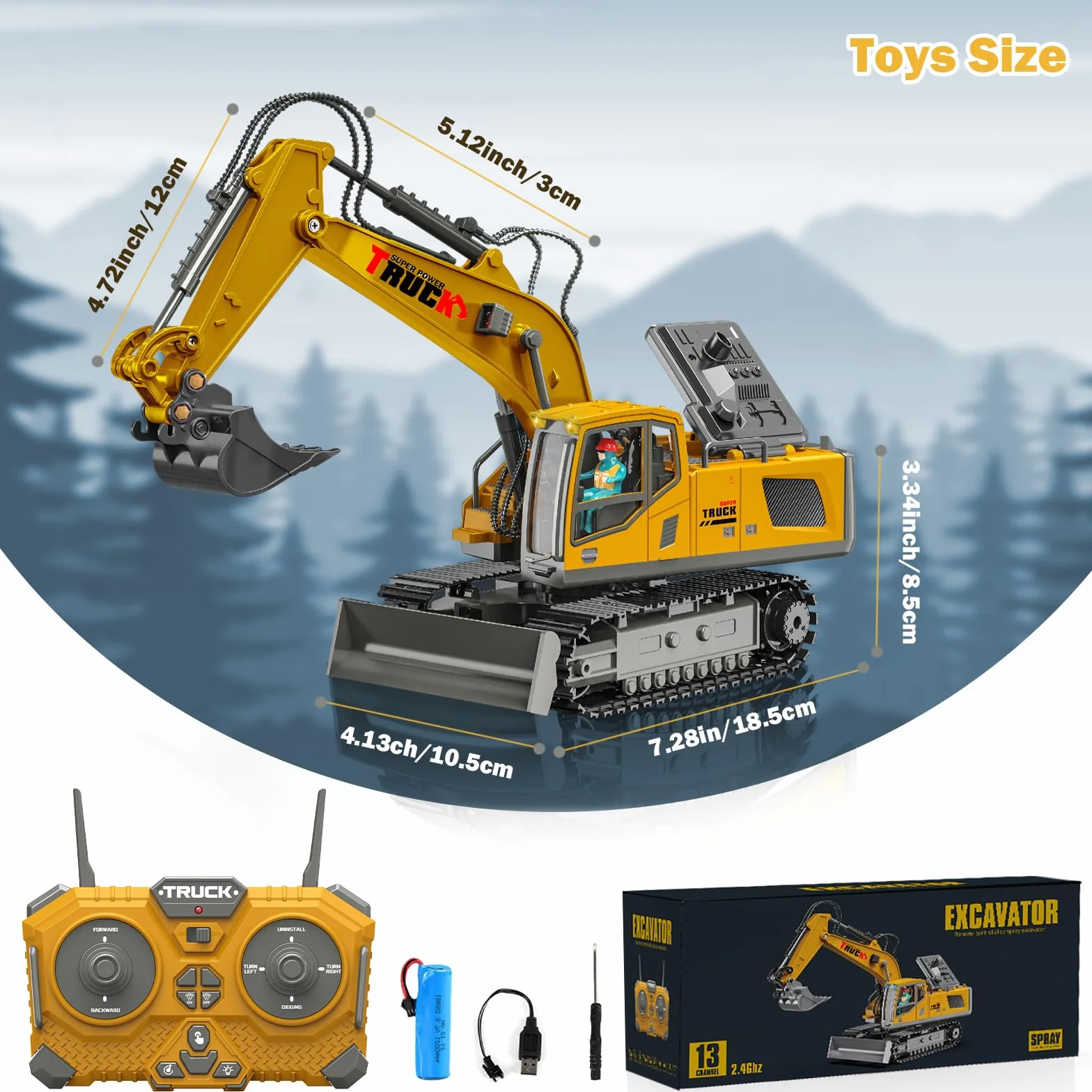 RedCrab Excavadora Teledirigido para Niños, 2.4 GHz Recargable RC Excavadora con el Cubo del Metal, Rotación 680°, Luz y Sonido, Juguete Camión Excavador Regalo de Cumpleaños Navidad