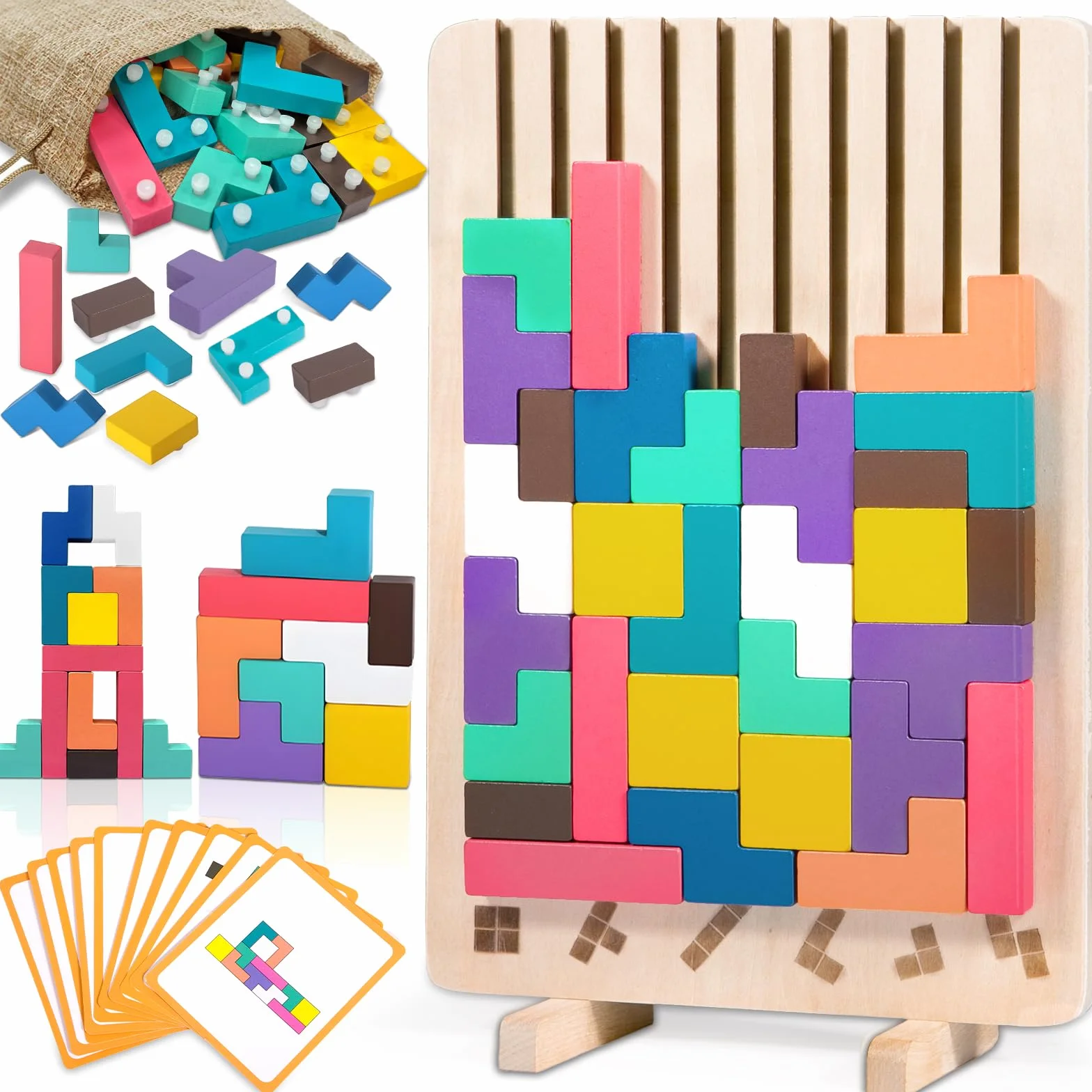 ZLPBAO Puzzle de Madera Tetris con 10 Tarjetas y Bolsa de Almacenamiento, Rompecabezas Niños, Tetris Puzzle 3D Madera,Juguetes Sensoriales, Juegos Montessori 3 4 5 6 Años