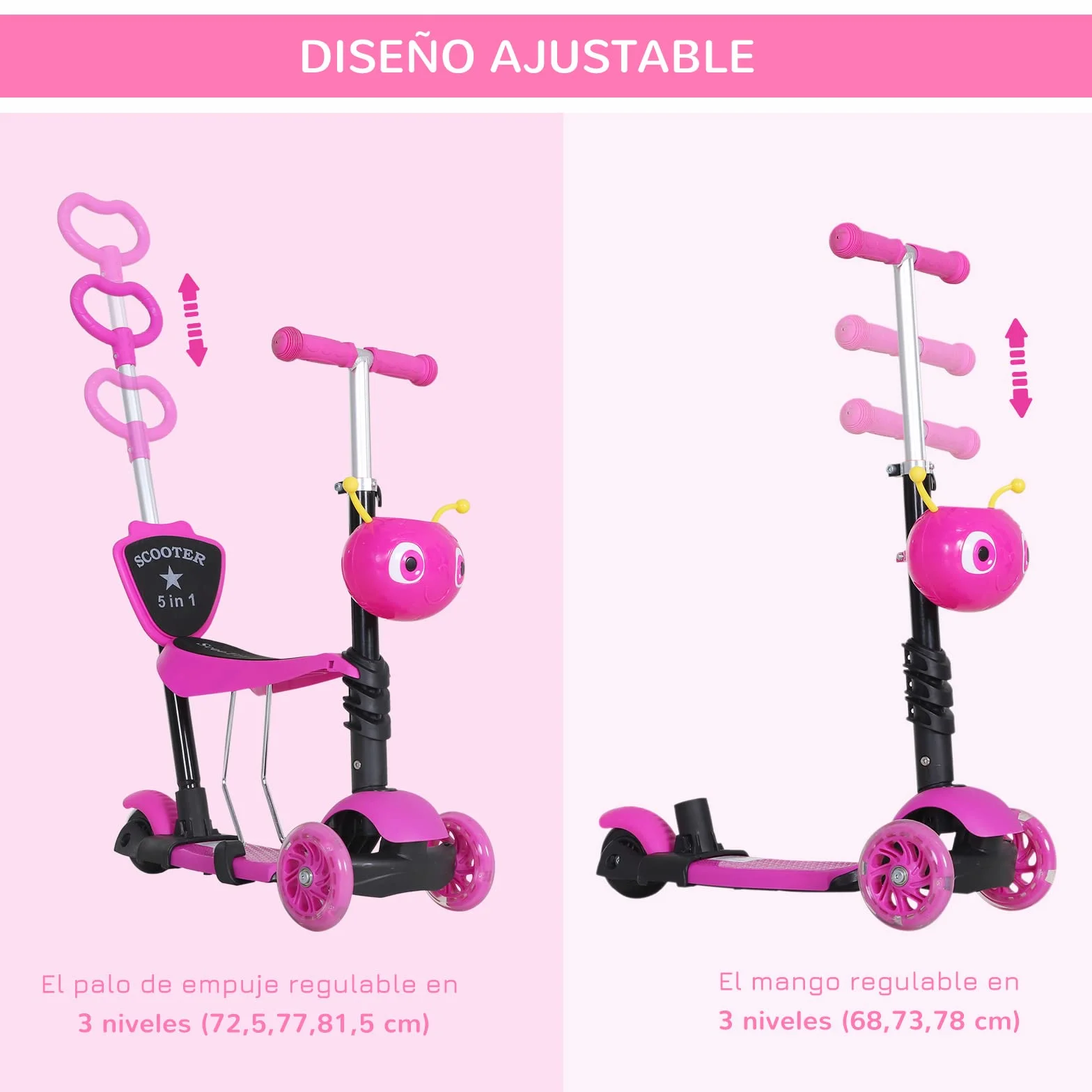 HOMCOM 3 en 1 Patinete para Niños de +18 Meses Scooter de 3 Ruedas con Asiento Extraíble Manillar Mango de Empuje Altura Ajustable 62x25x72,5 cm Rosa