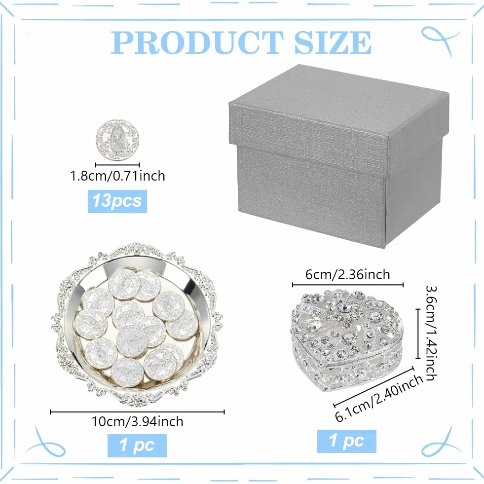 ORIGACH Juego de monedas de plata Arras de Boda, caja en forma de corazón con 13 monedas de Jesús y bandeja en relieve, accesorios de boda para ceremonia