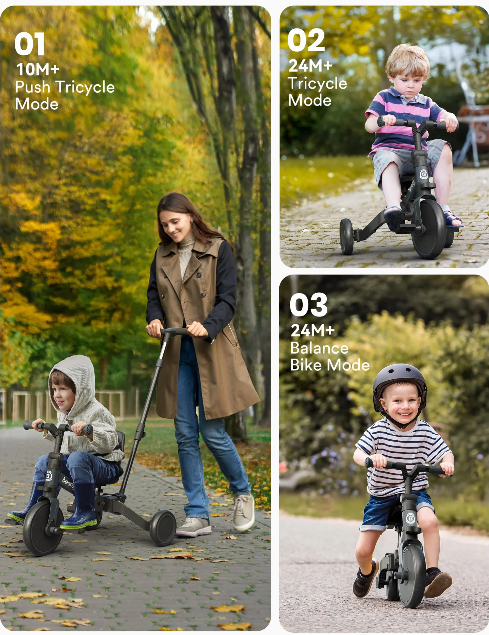 besrey Bicicleta para niños pequeños con manija de Control Parental para niñas y niños de 1 a 3 años, Triciclo para niños, Triciclo para niños pequeños con Pedal extraíble, Asiento Ajustable