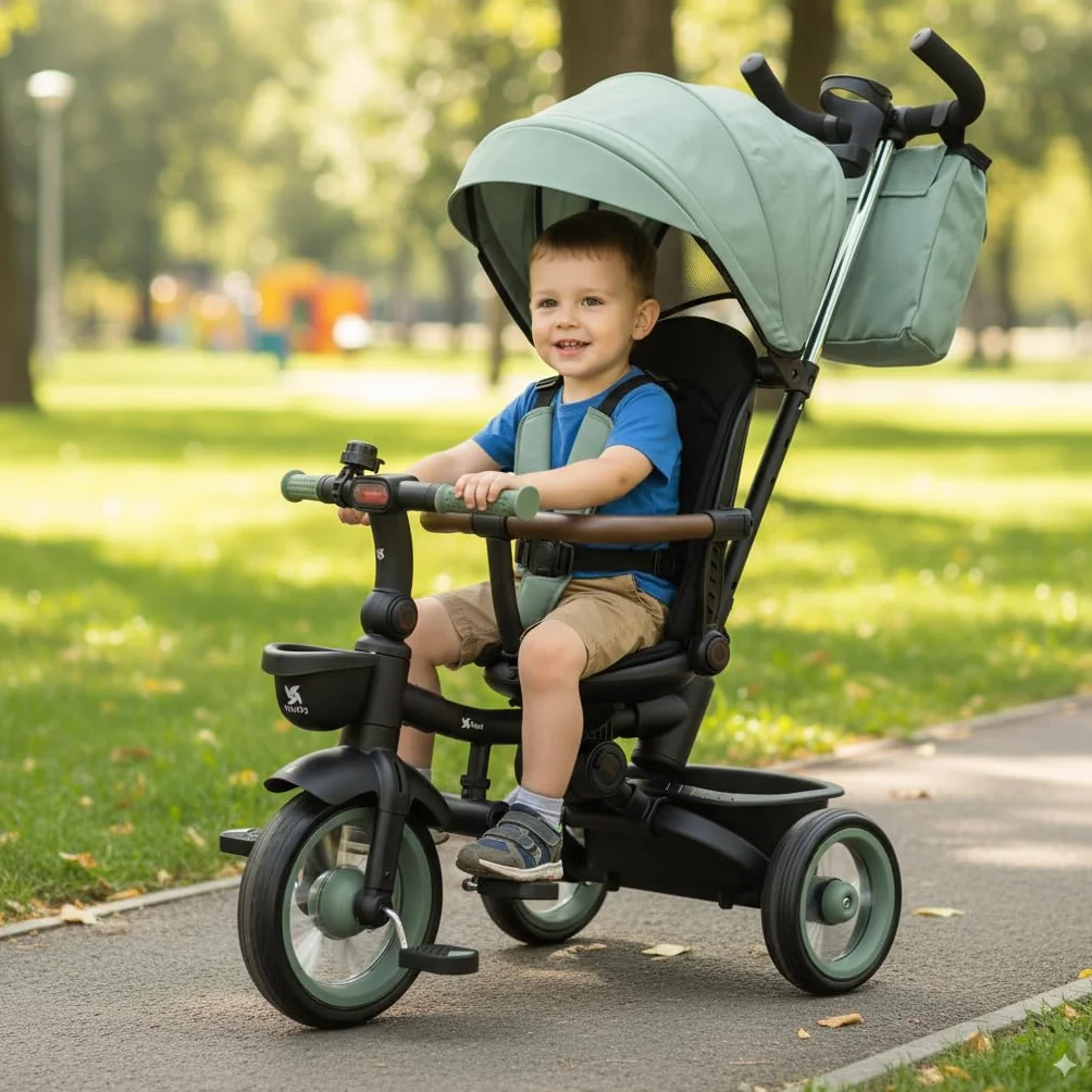 Twinly Triciclo Evolutivo Bebé Plegable Sami, Verde Oscuro | Asiento Reversible 360° , Respaldo Reclinable, Cinturón de 5 Puntos, Capota UPF50+, Plegado Compacto