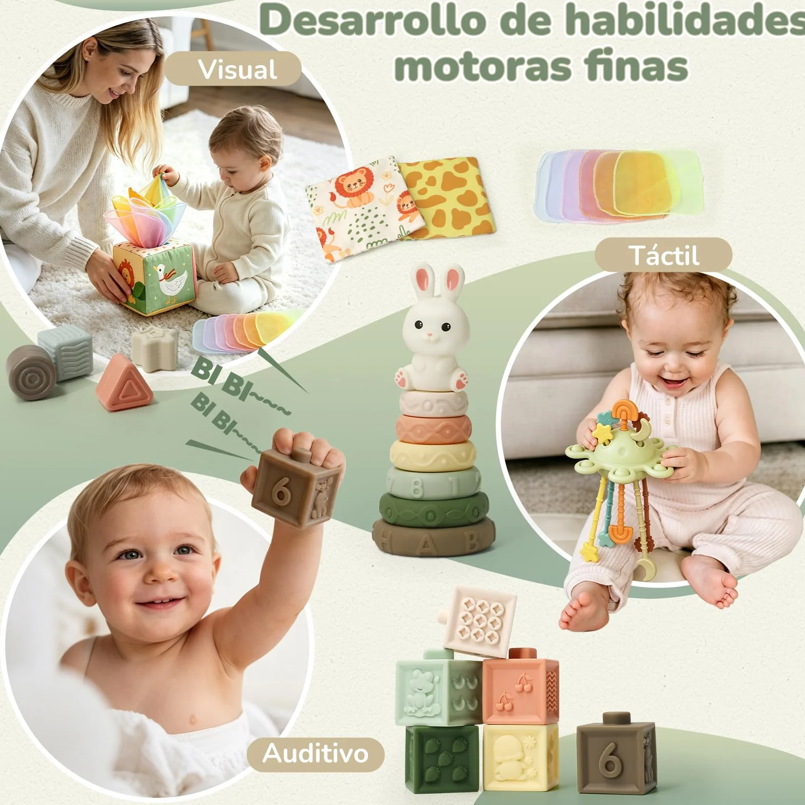 Juguetes Bebes 6 Meses, 5 en 1 Juguetes Montessori Bebes 6-12 Meses con Caja Pañuelos Bebe, Clasificación y Apilamiento de Formas, Bebe Mordedor & Educativos, Regalos Bebés Montessori 7 8 9 Meses