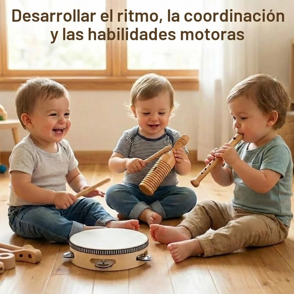 Set de Instrumentos Musicales de Madera Stoie’s para Niños de 1-9 Años – Tambor, Flauta, Maracas, Campanitas, Castañuelas, Pandereta, Juguete Montessori Educativo, Seguro, con Bolsa de Algodón
