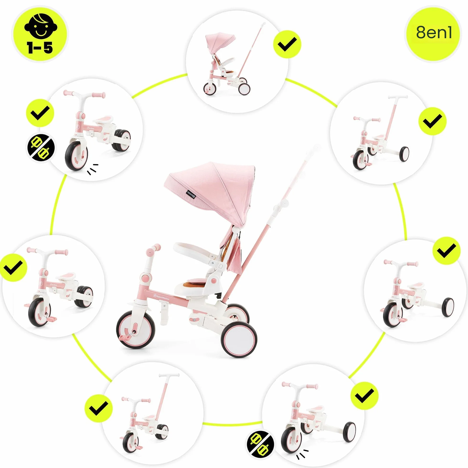 HyperMotion Triciclo Evolutivo 8 en 1 Rosa – Triciclo Bebe Plegable y Reclinable con Asiento 360° y Capota – Arnés, Barra de Empuje – Trike para Niñas de 1 a 5 Años