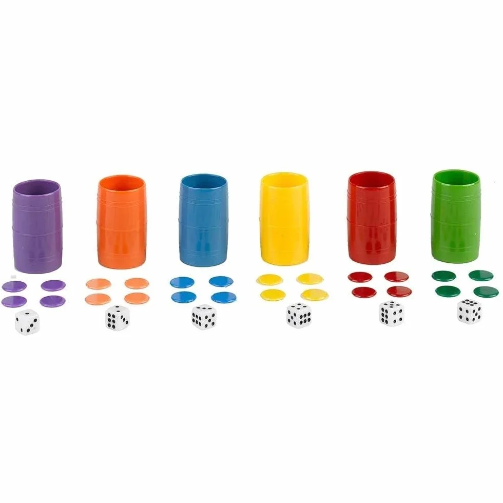 Falomir - Set de 6 Cubiletes de Plástico | Multicolor | con Caja de Plástico y 24 Fichas | 6 Dados Incluidos | Diversión y Entretenimiento | 2+ Jugadores (Edad +4)