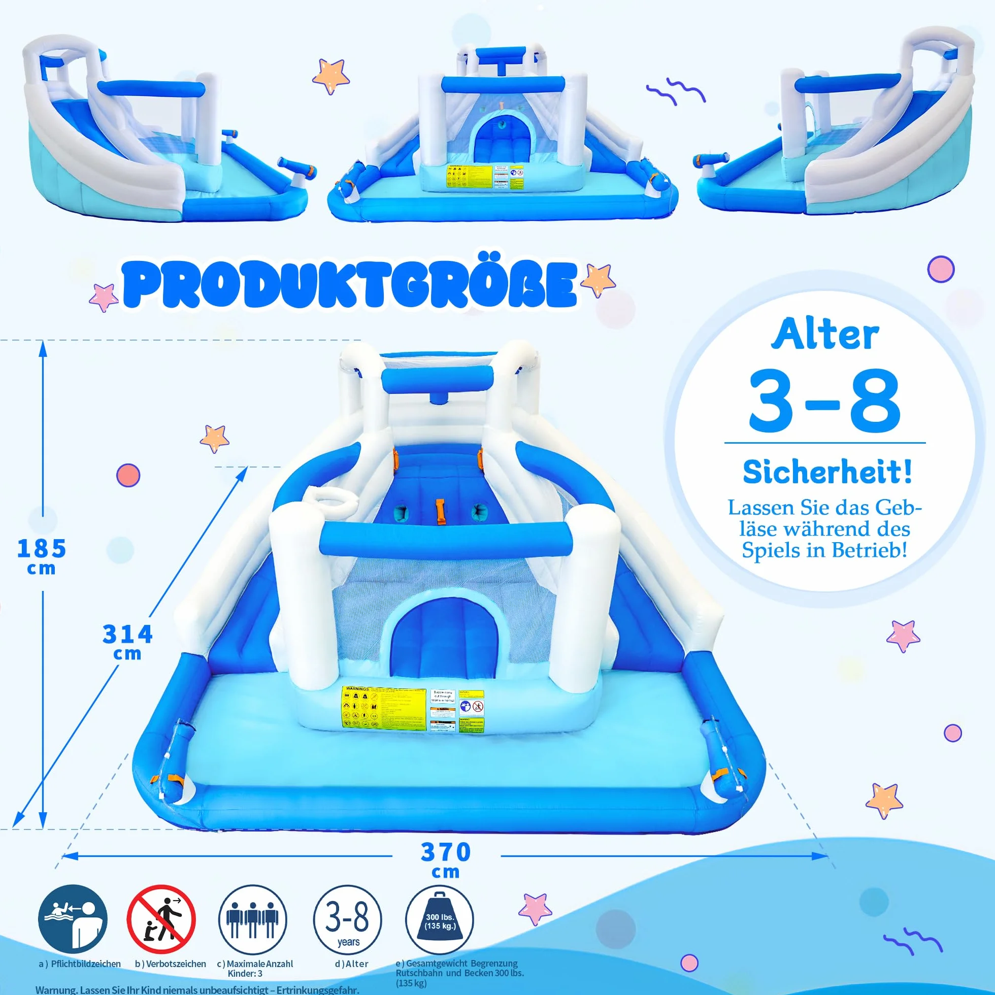 Castillo hinchable con tobogán acuático, trampolín, canasta de baloncesto y 2 pistolas de agua, castillo hinchable para niños, adecuado para jardín y fiesta