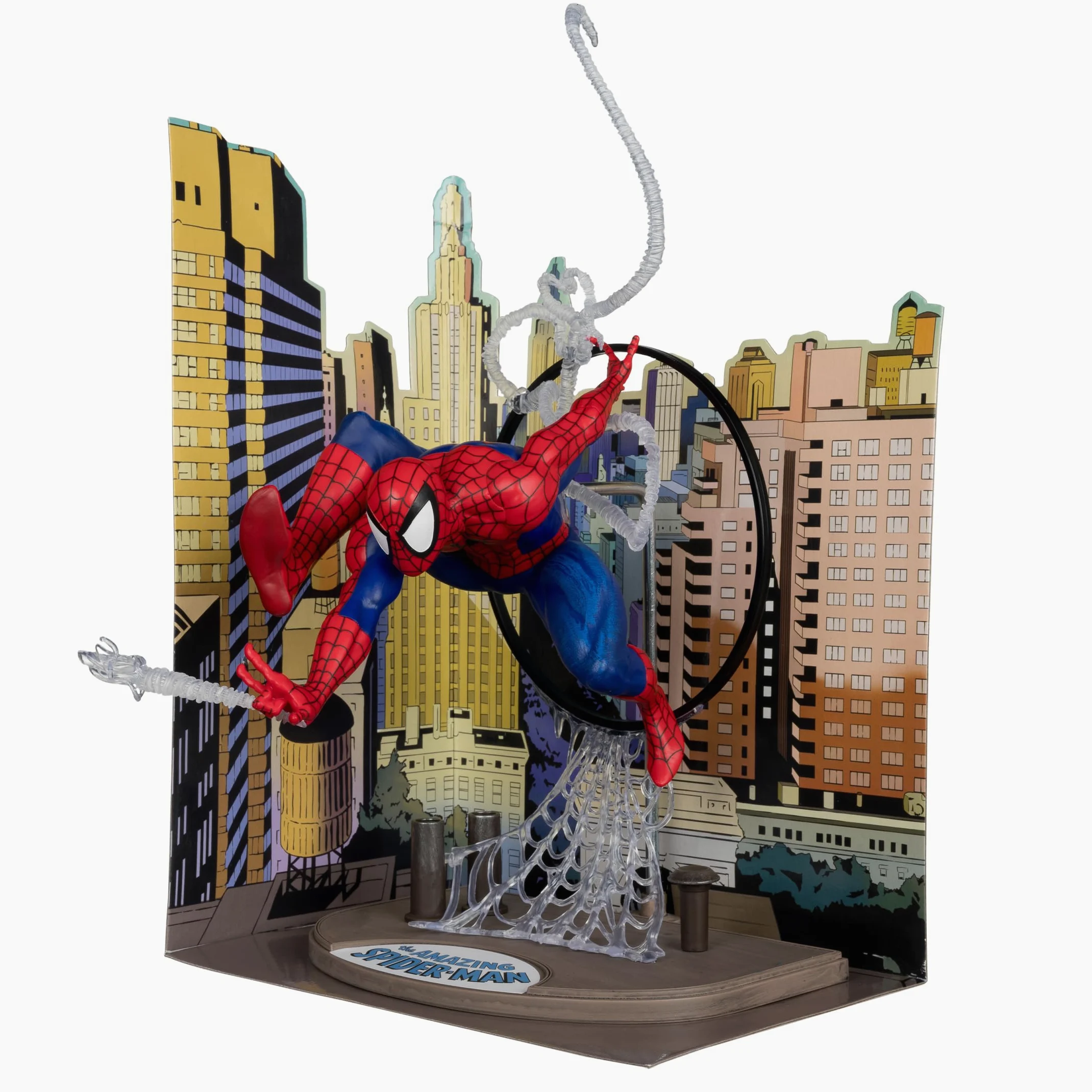 McFarlane Marvel Spider-Man Figura Posada a Escala 1:6 con Escena y cómic (basado en The Amazing Spider-Man #301) Juguetes | Escena de telón de fondo, cómic
