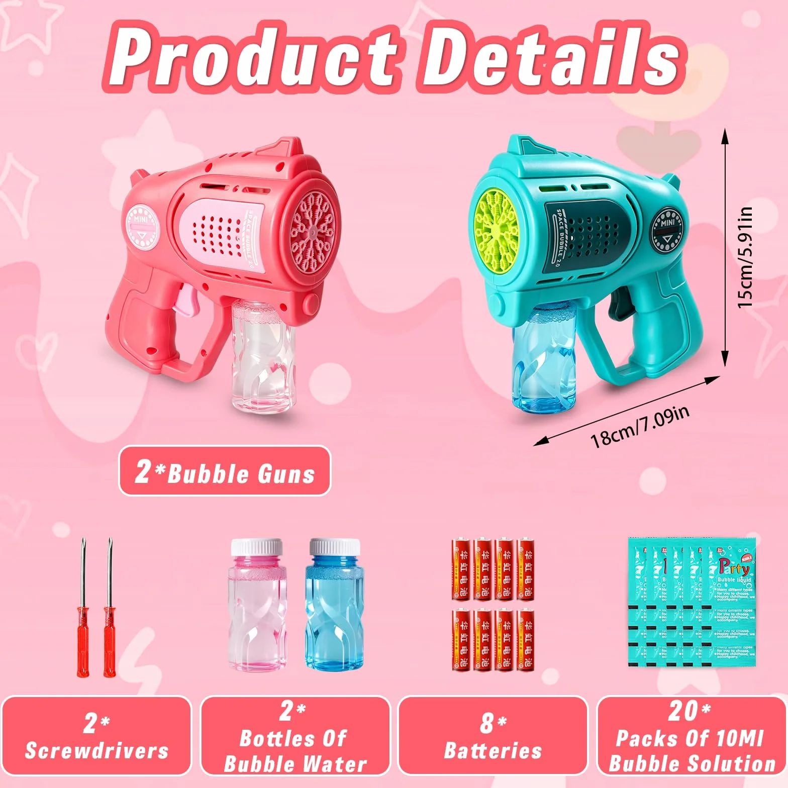 2 Piezas Pistolas de Burbujas para Niños, pompas de jabon niños con 2 x 100ml Solución de Recarga de Burbujas e Lámpara LED, Juguete de Verano para Actividades al Aire Libre, Fiestas y Bodas