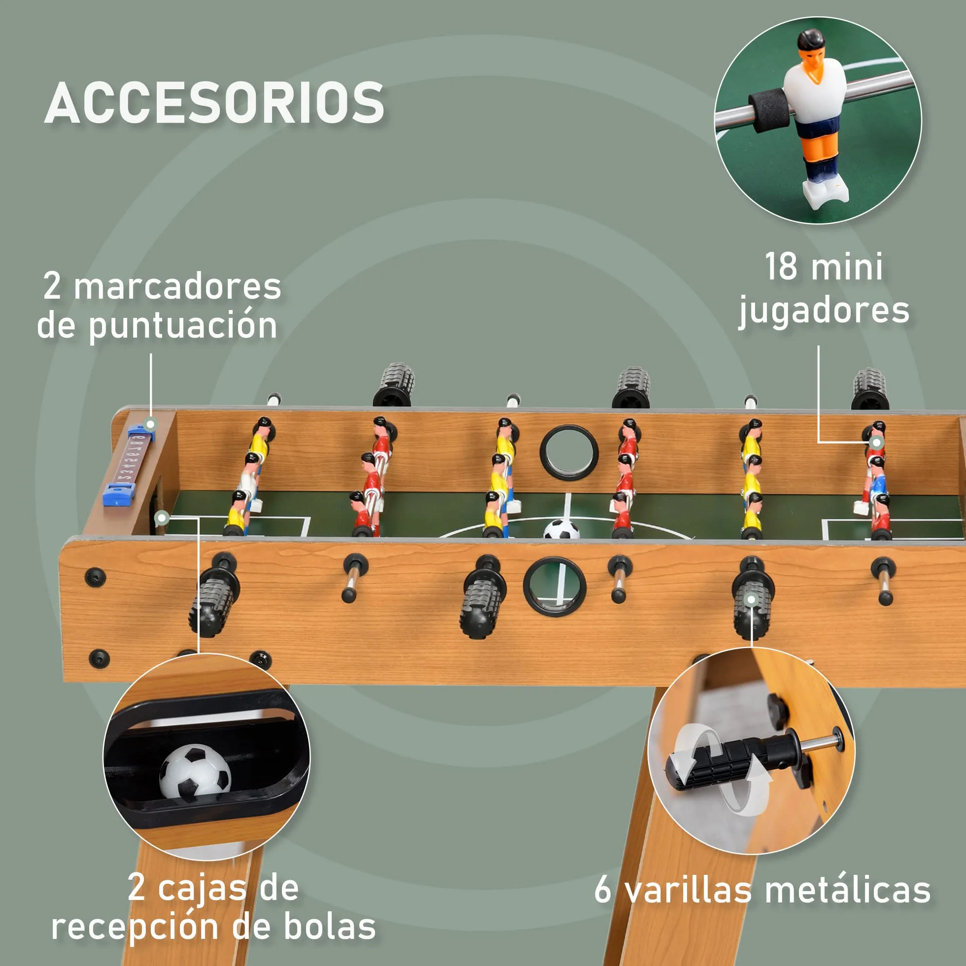 HOMCOM Futbolín Plegable para Niños y Adultos Futbolín de Madera 69x37x70 cm con 2 Bolas 6 Asas 2 Marcadores de Puntos 18 Jugadores para Familias Fiestas Juegos Natural