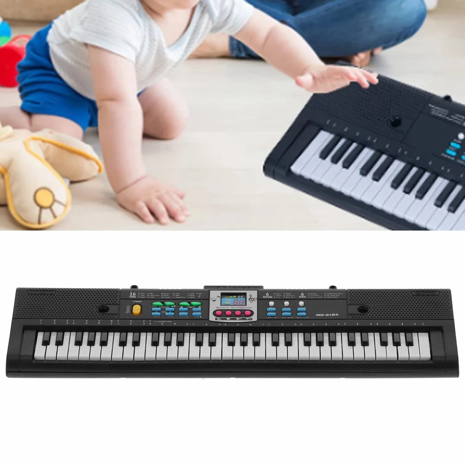 Teclado Electrónico 61 Teclas Portátil Multifuncional con Micrófono para Principiantes Compatible con Dispositivos Móviles Ideal para Aprendizaje Musical y Entretenimiento en Casa o Estudio