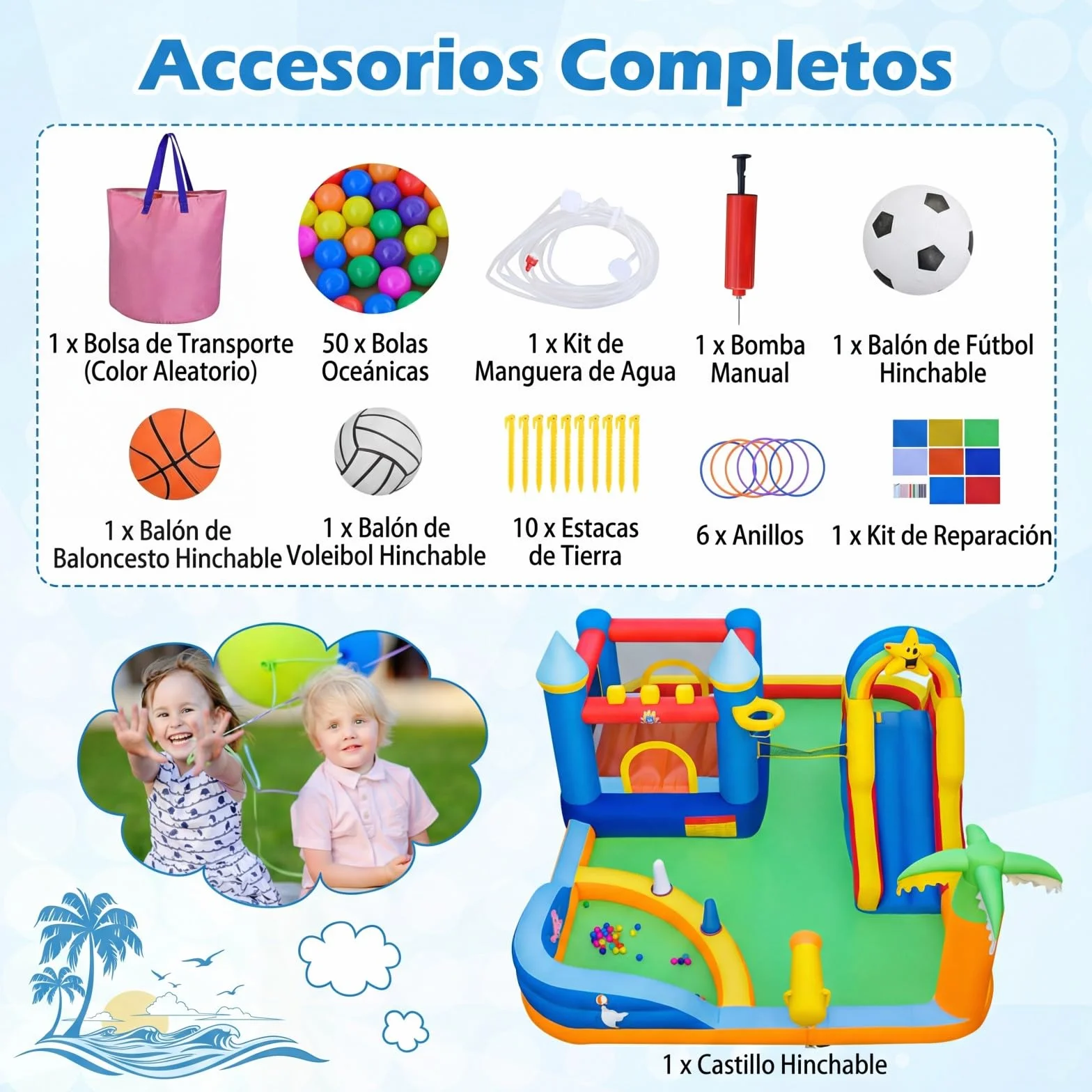 COSTWAY Castillo Hinchable, Parque Infantil con Temática de Playa con Muro de Escalar, Cañón de Agua, Pelotas Oceánicas, Fútbol, Baloncesto, Voleibol, Castillo Inflable al Aire Libre (sin soplador)