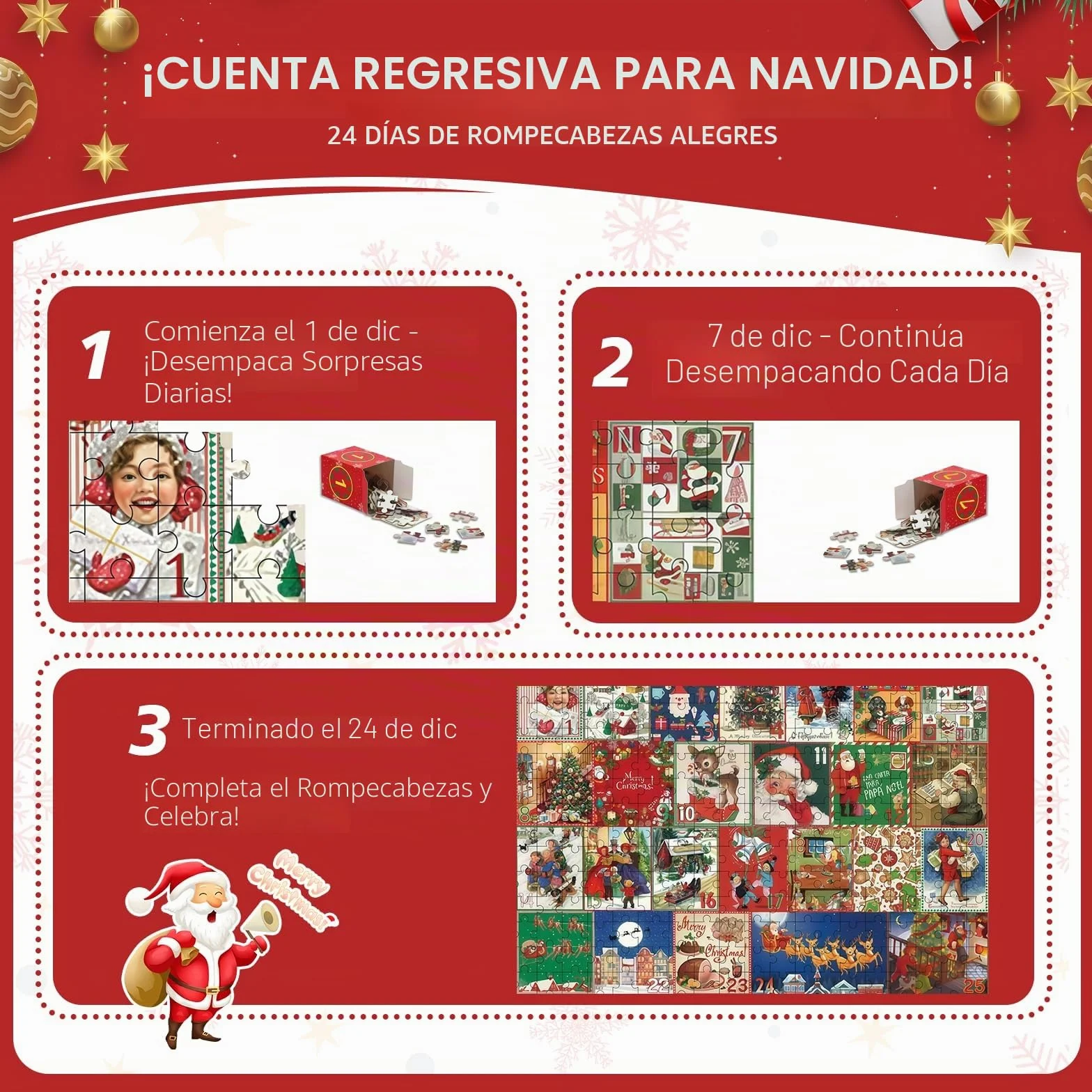 Calendario Adviento, Puzzle Navidad 1000 Piezas con 24 Cajas Sorpresa - Juego Interactivo Calendario Adviento Educativo y Divertido para Niños y Niñas Como Regalo Familiar